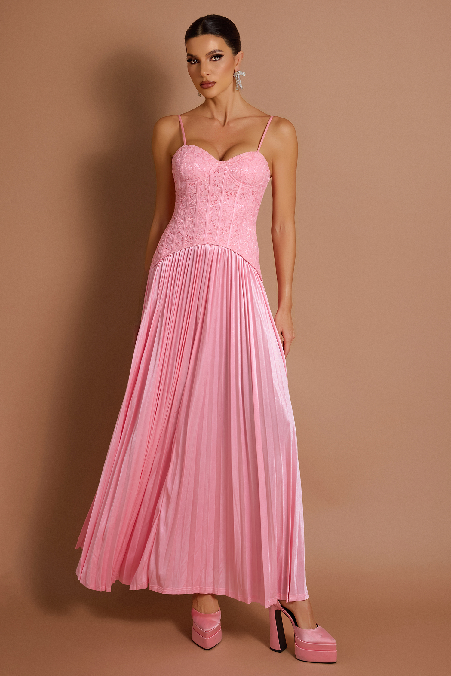 Lace Pleated Slip Maxi Dress