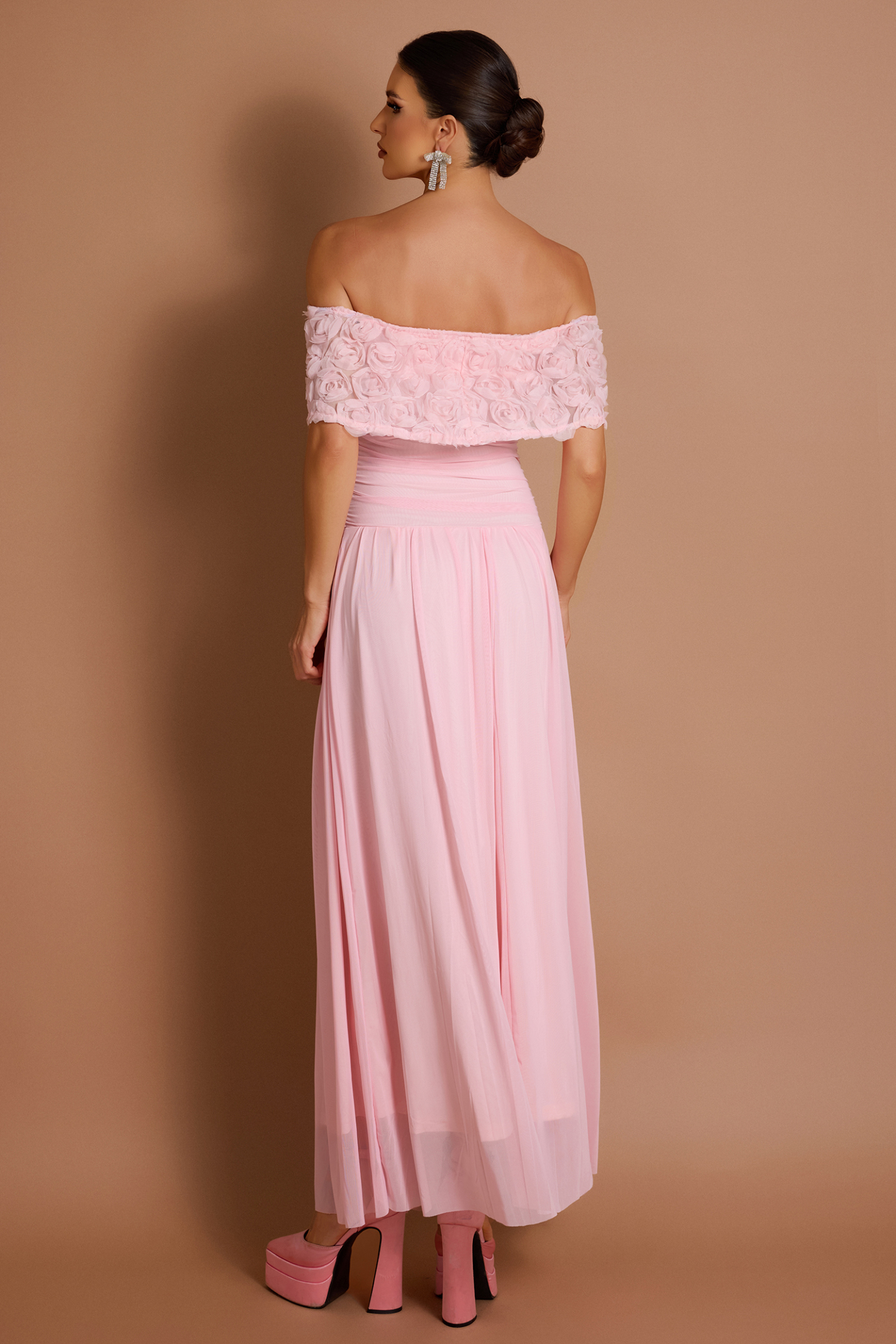 Solid 3D Flower Off-Shoulder Maxi Dress