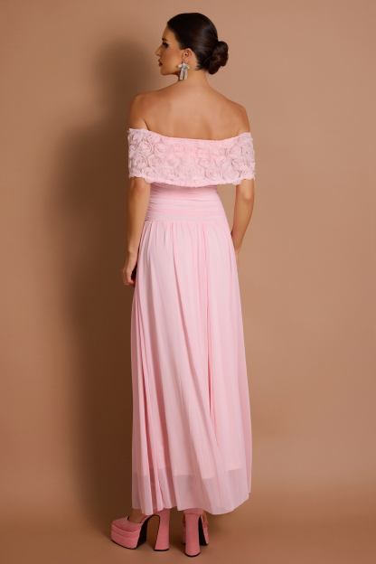 Solid 3D Flower Off-Shoulder Maxi Dress