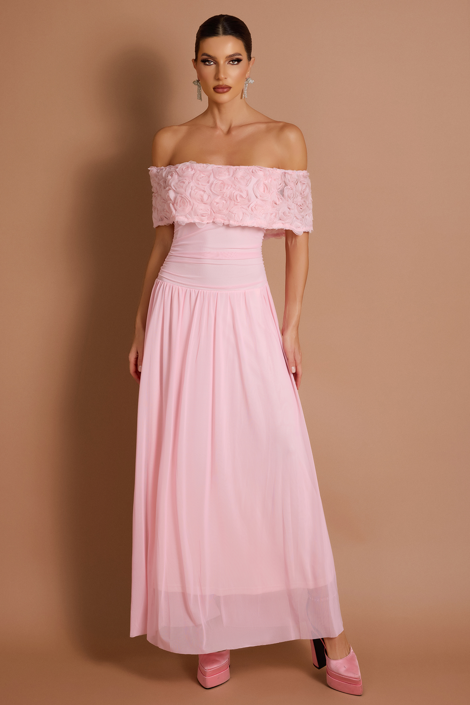 Solid 3D Flower Off-Shoulder Maxi Dress