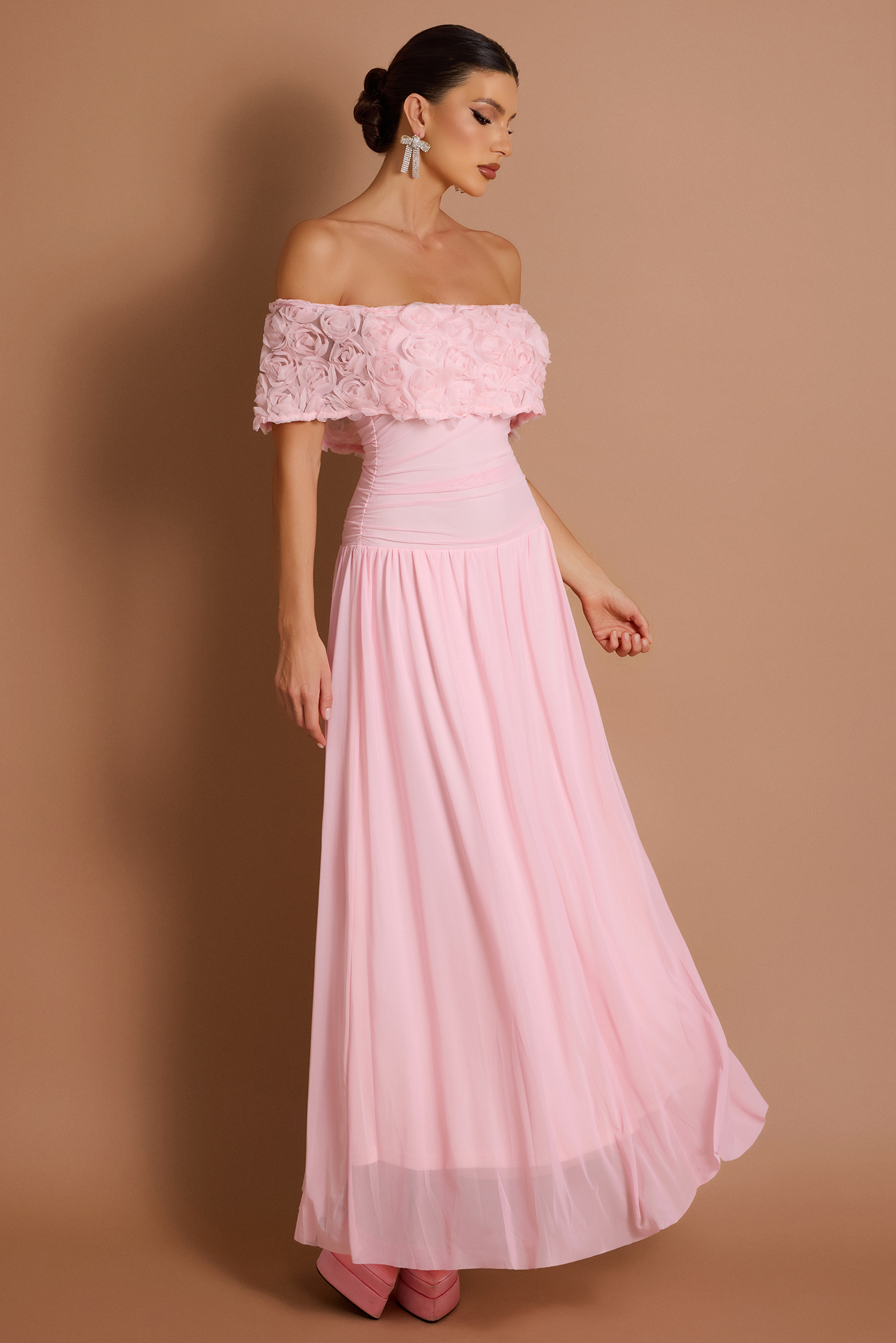 Solid 3D Flower Off-Shoulder Maxi Dress