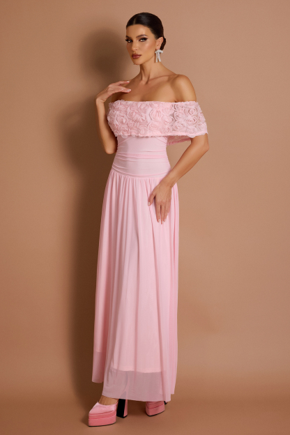 Solid 3D Flower Off-Shoulder Maxi Dress