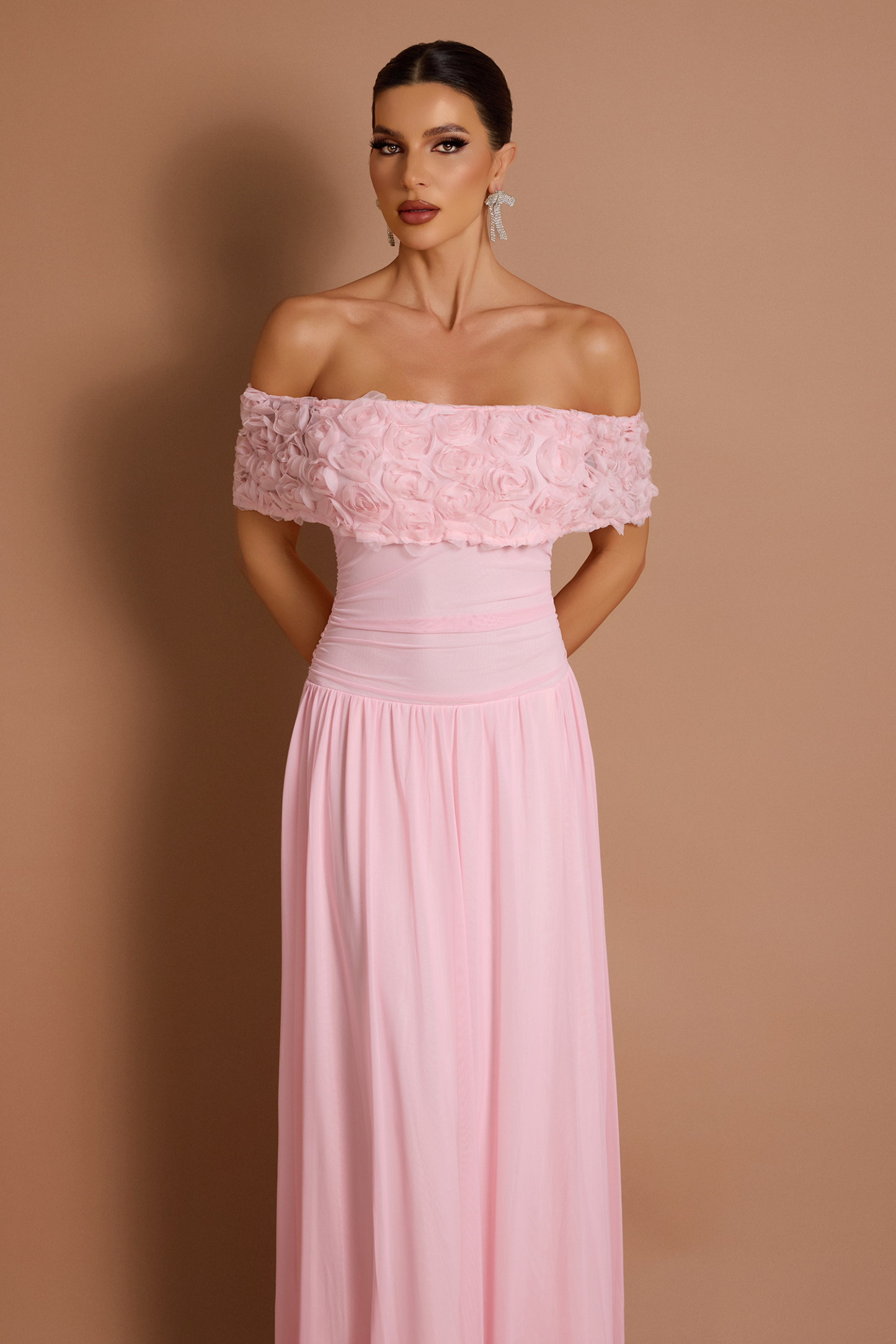 Solid 3D Flower Off-Shoulder Maxi Dress