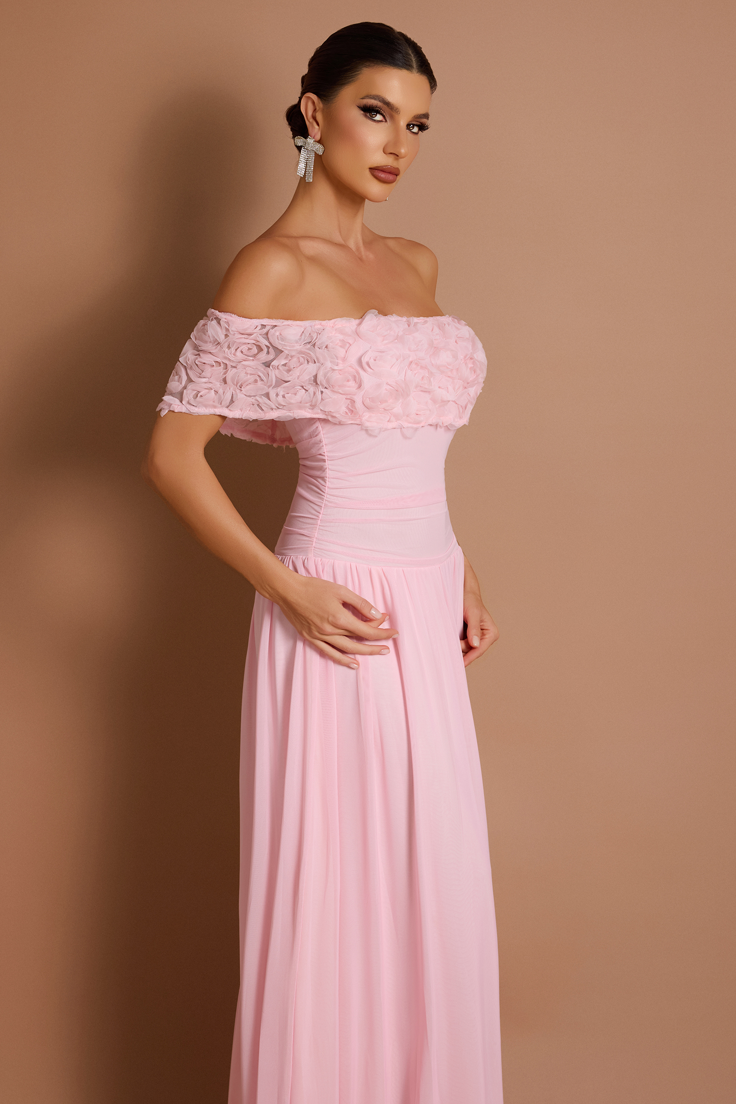 Solid 3D Flower Off-Shoulder Maxi Dress