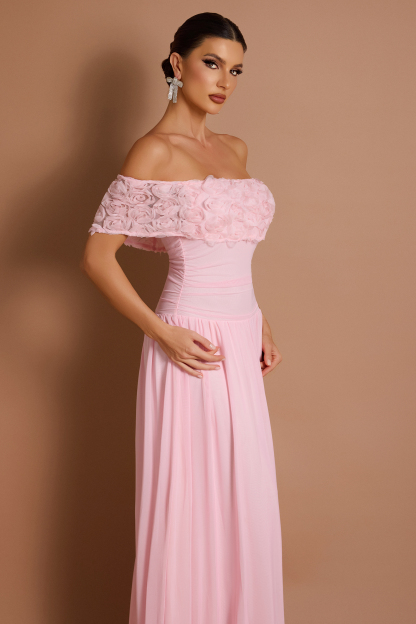 Solid 3D Flower Off-Shoulder Maxi Dress
