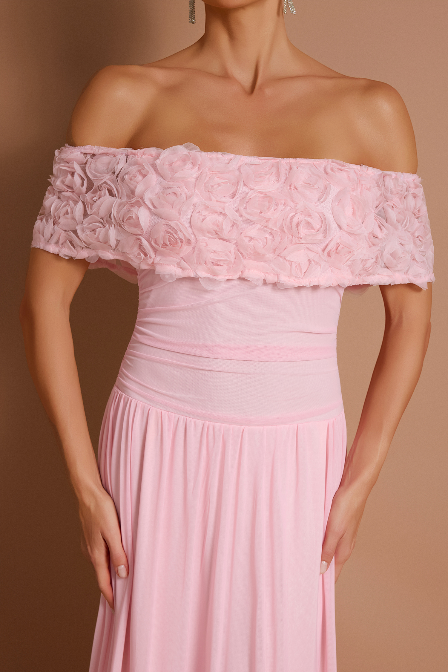 Solid 3D Flower Off-Shoulder Maxi Dress