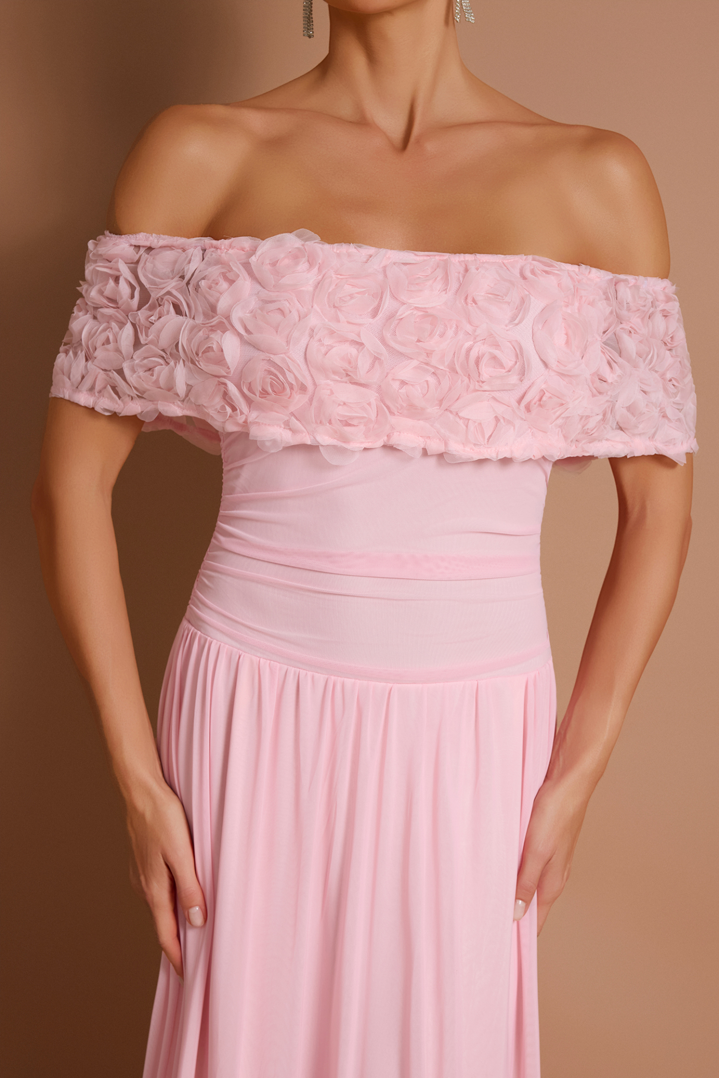 Solid 3D Flower Off-Shoulder Maxi Dress