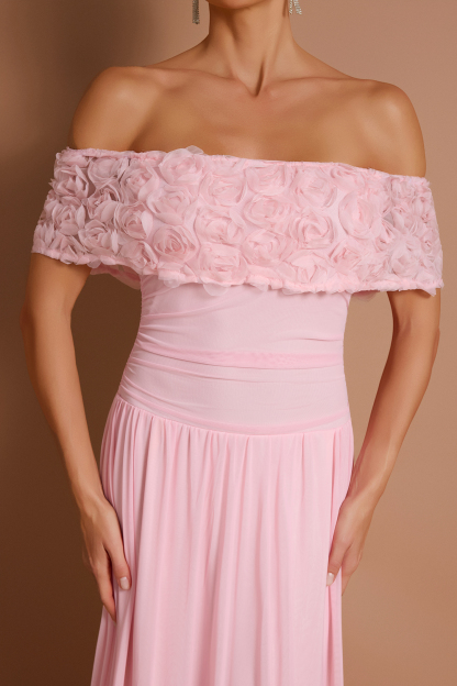 Solid 3D Flower Off-Shoulder Maxi Dress