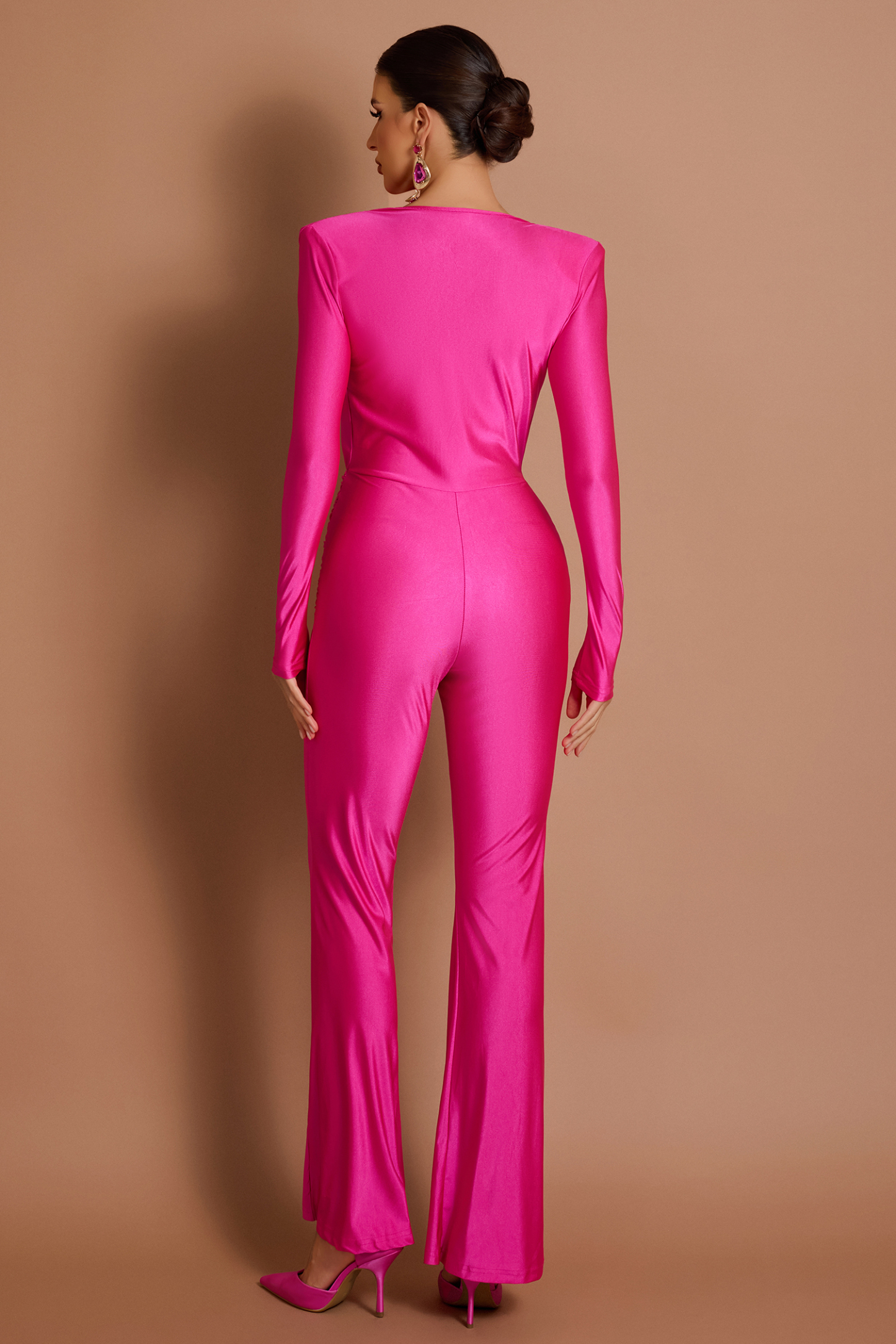 Solid V-Neck Long Sleeve Jumpsuit