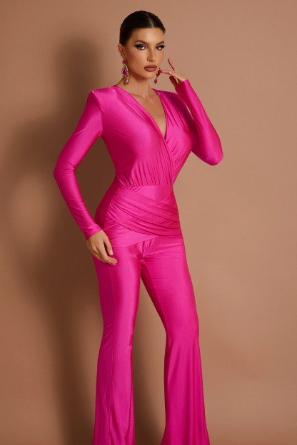 Solid V-Neck Long Sleeve Jumpsuit