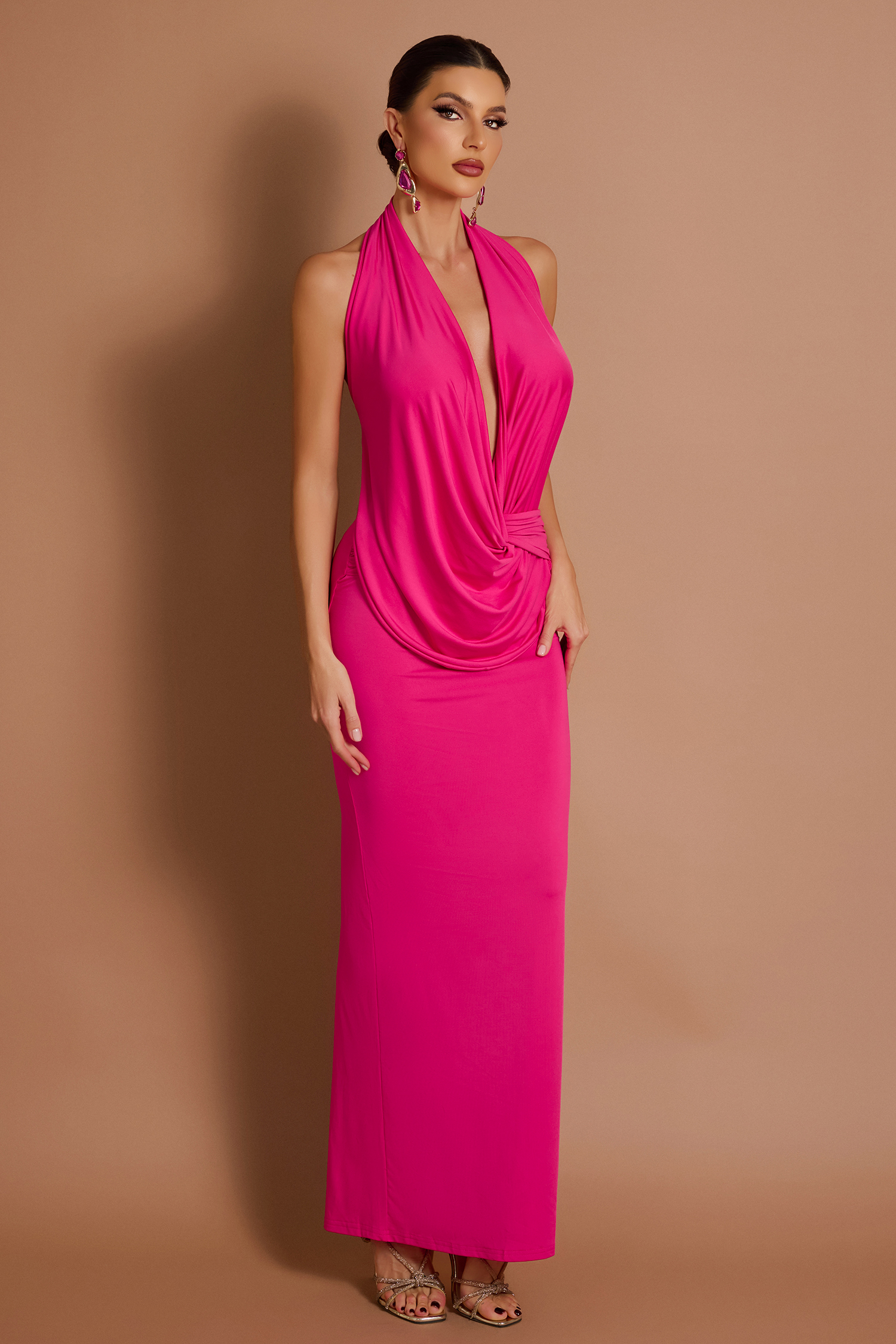 Solid Halter Neck Sleeveless Maxi Dress