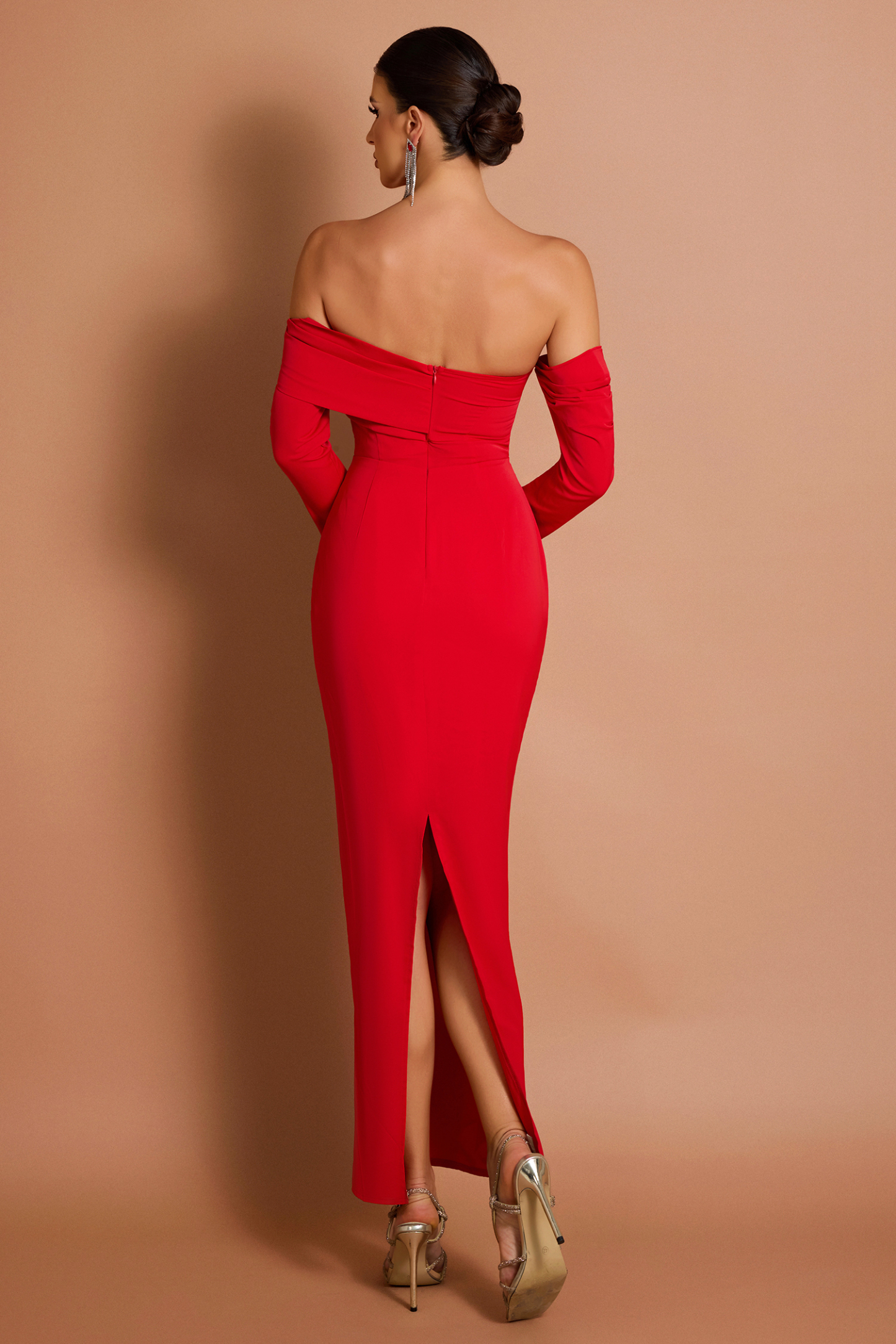 Solid Off-Shoulder Slit Midi Dress