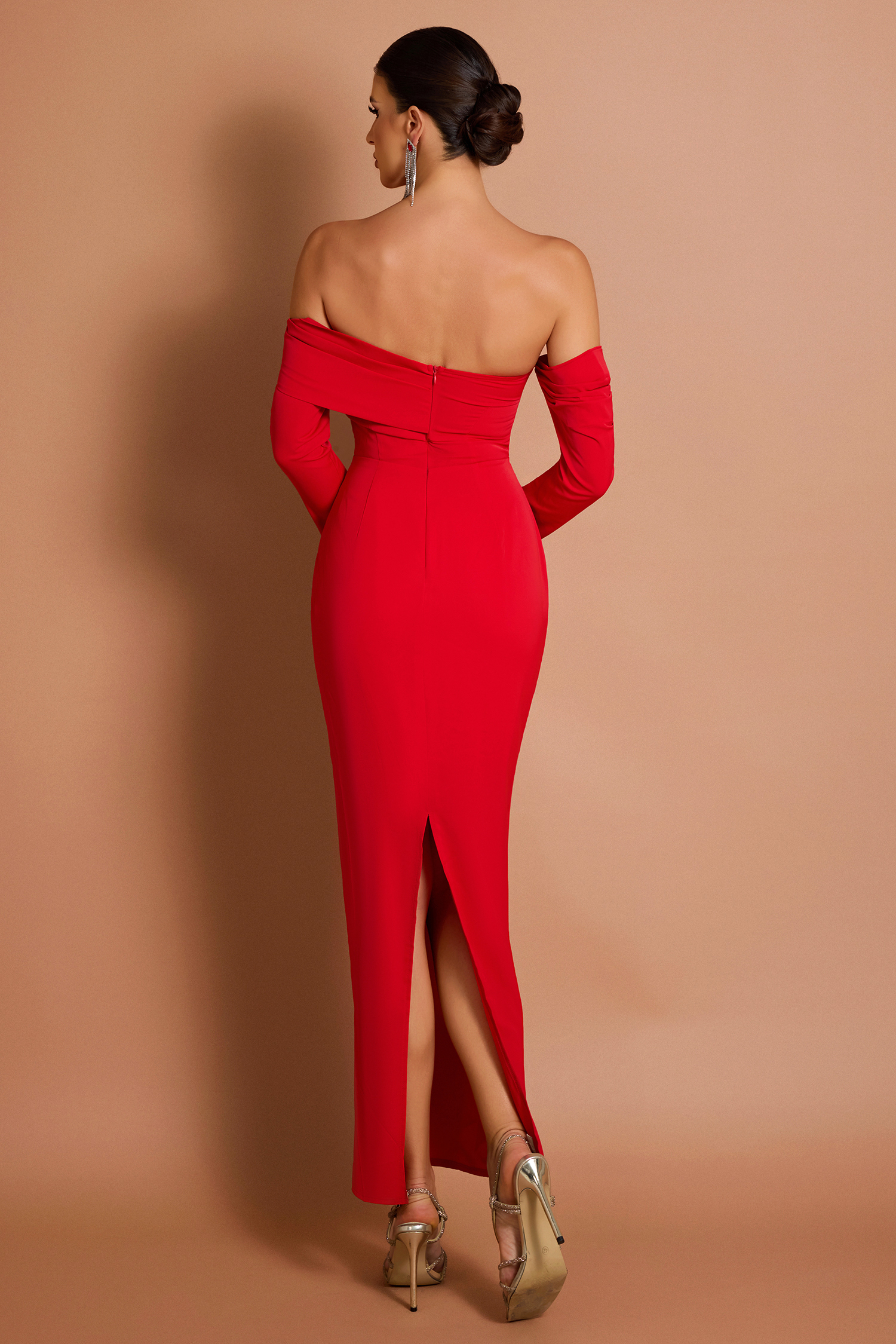 Solid Off-Shoulder Slit Midi Dress