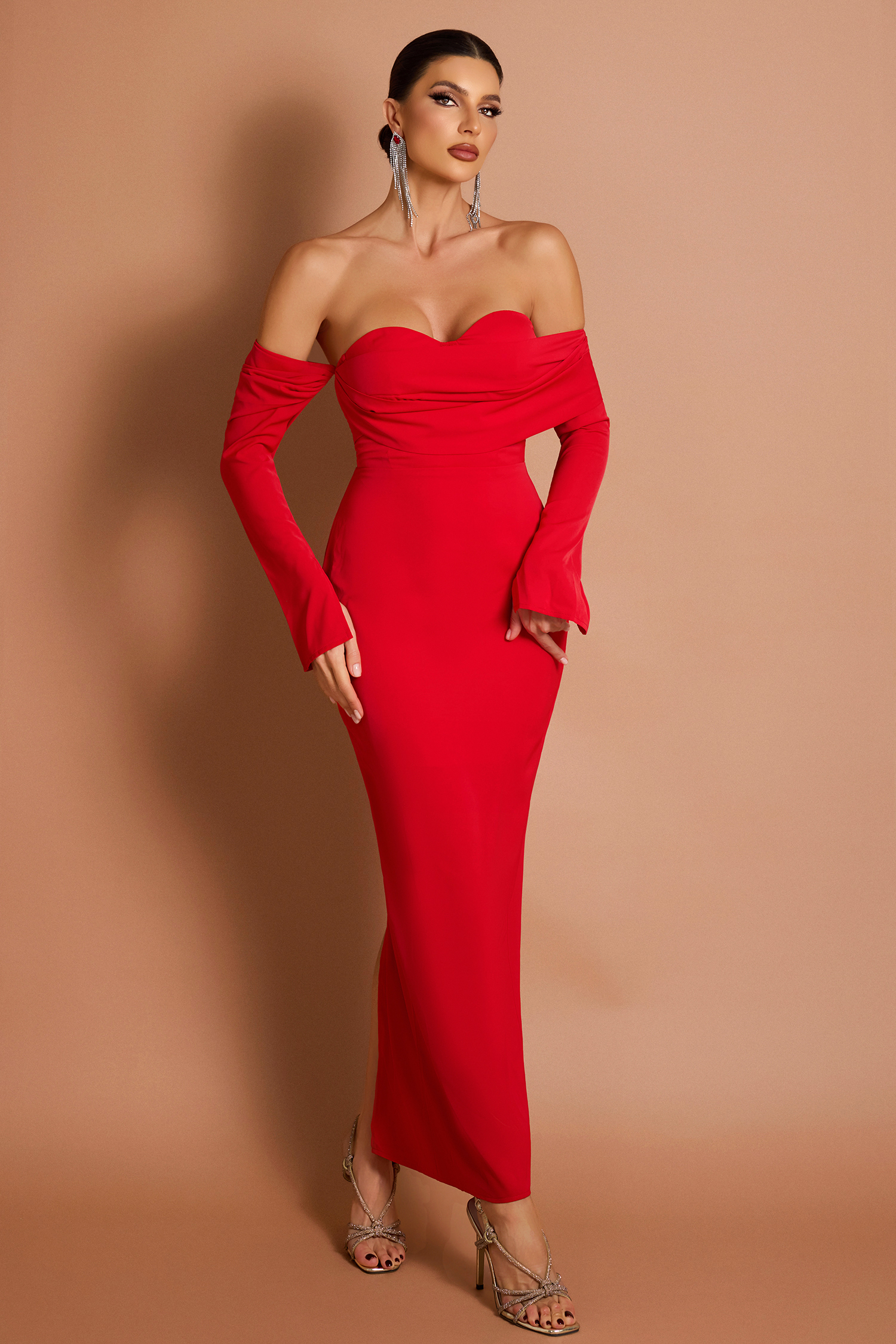 Solid Off-Shoulder Slit Midi Dress