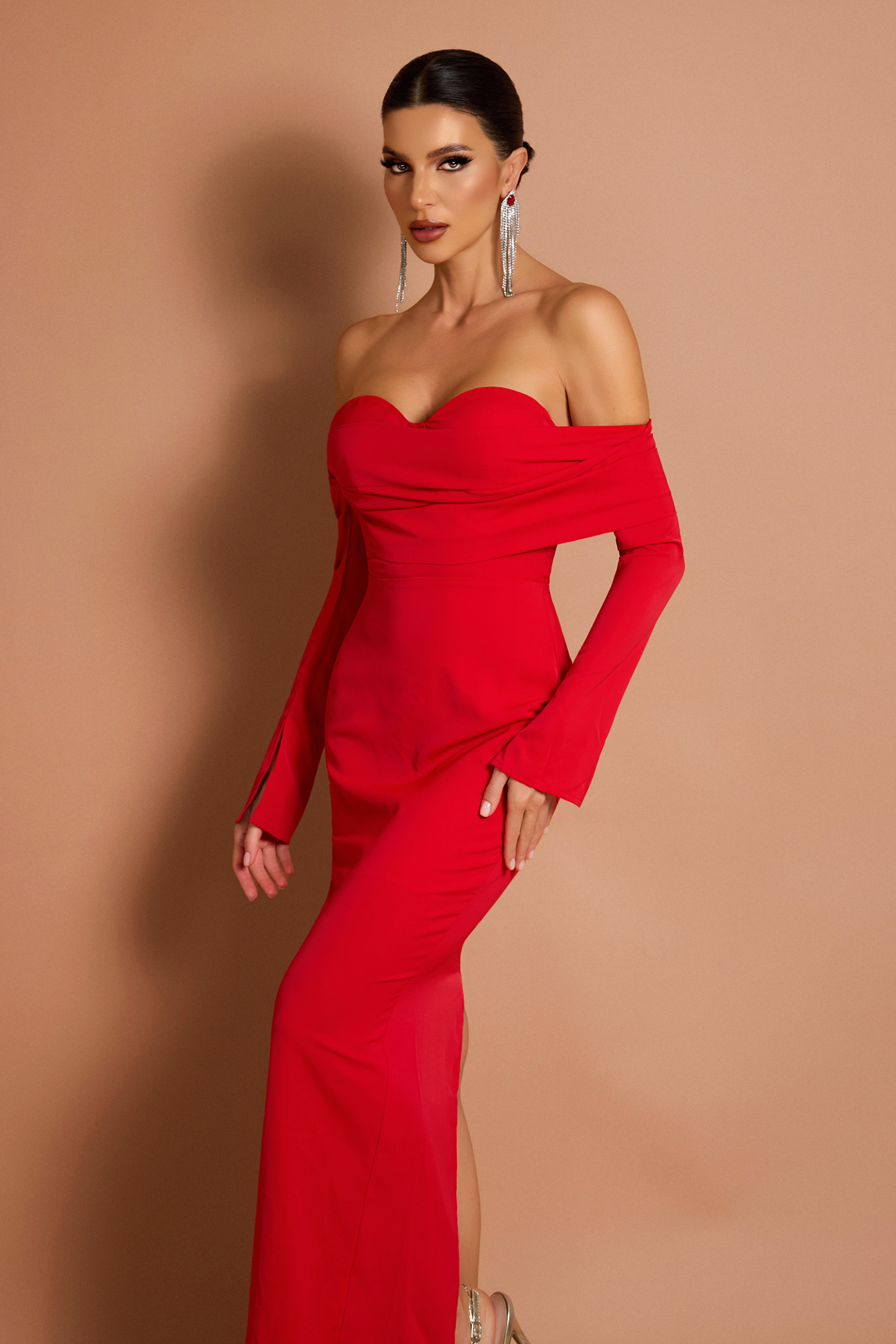 Solid Off-Shoulder Slit Midi Dress