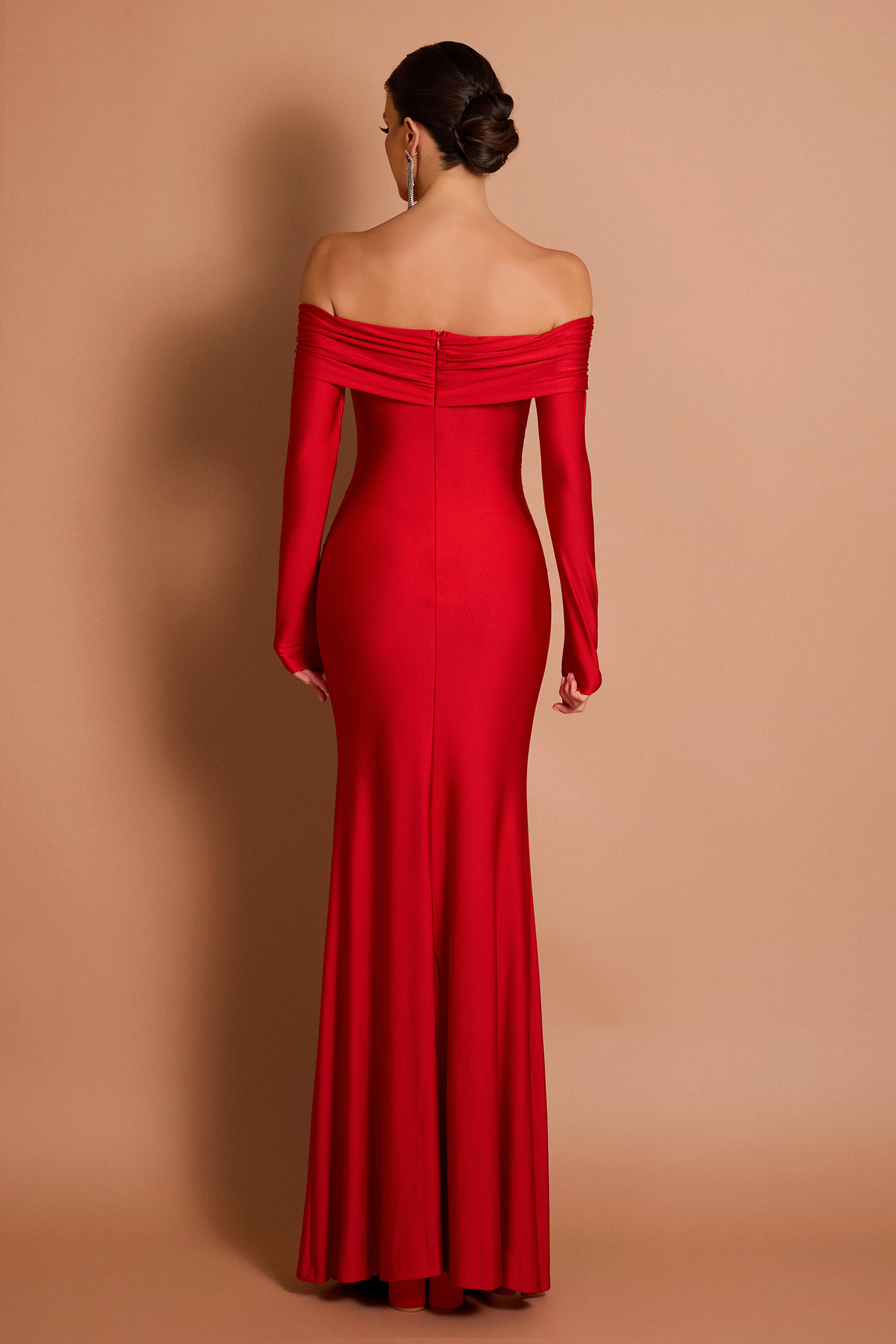 Satin Off-Shoulder Long Sleeve Maxi Dress