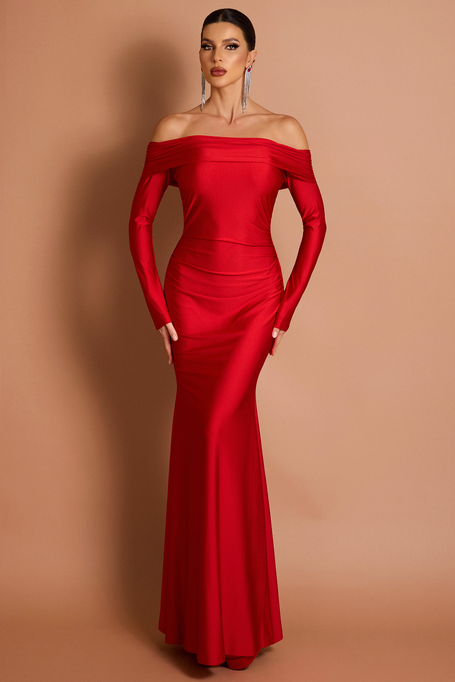 Satin Off-Shoulder Long Sleeve Maxi Dress