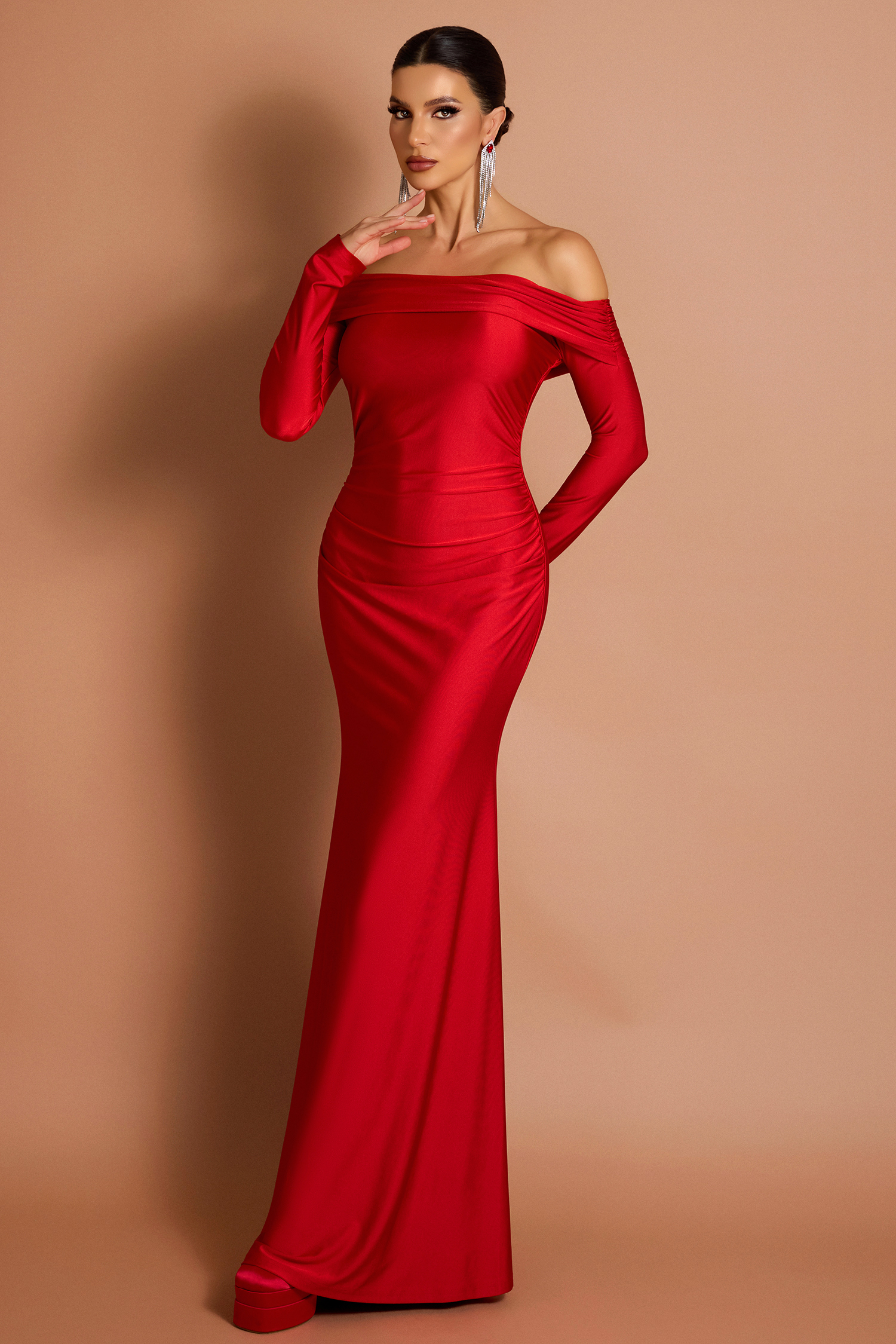 Satin Off-Shoulder Long Sleeve Maxi Dress