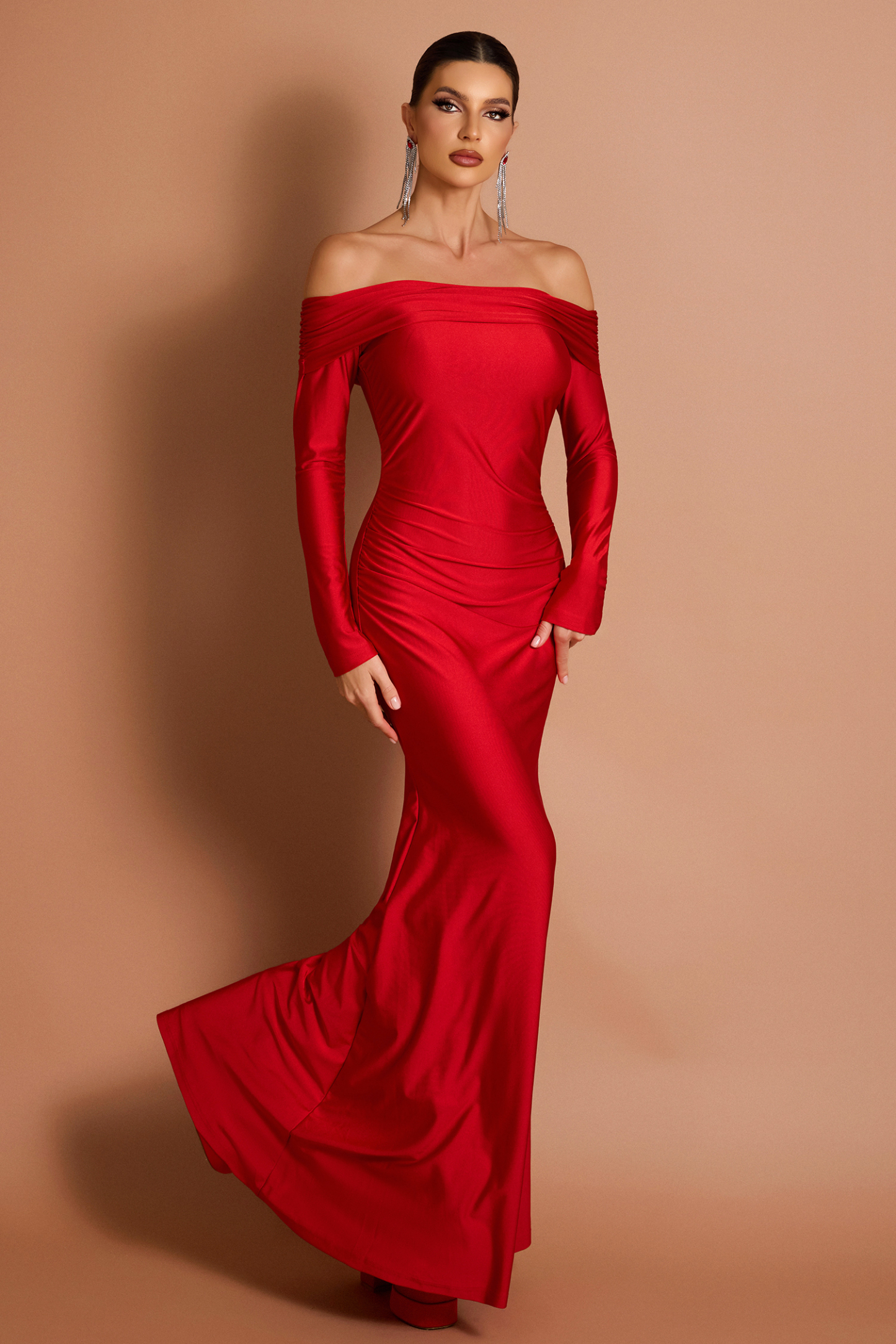 Satin Off-Shoulder Long Sleeve Maxi Dress