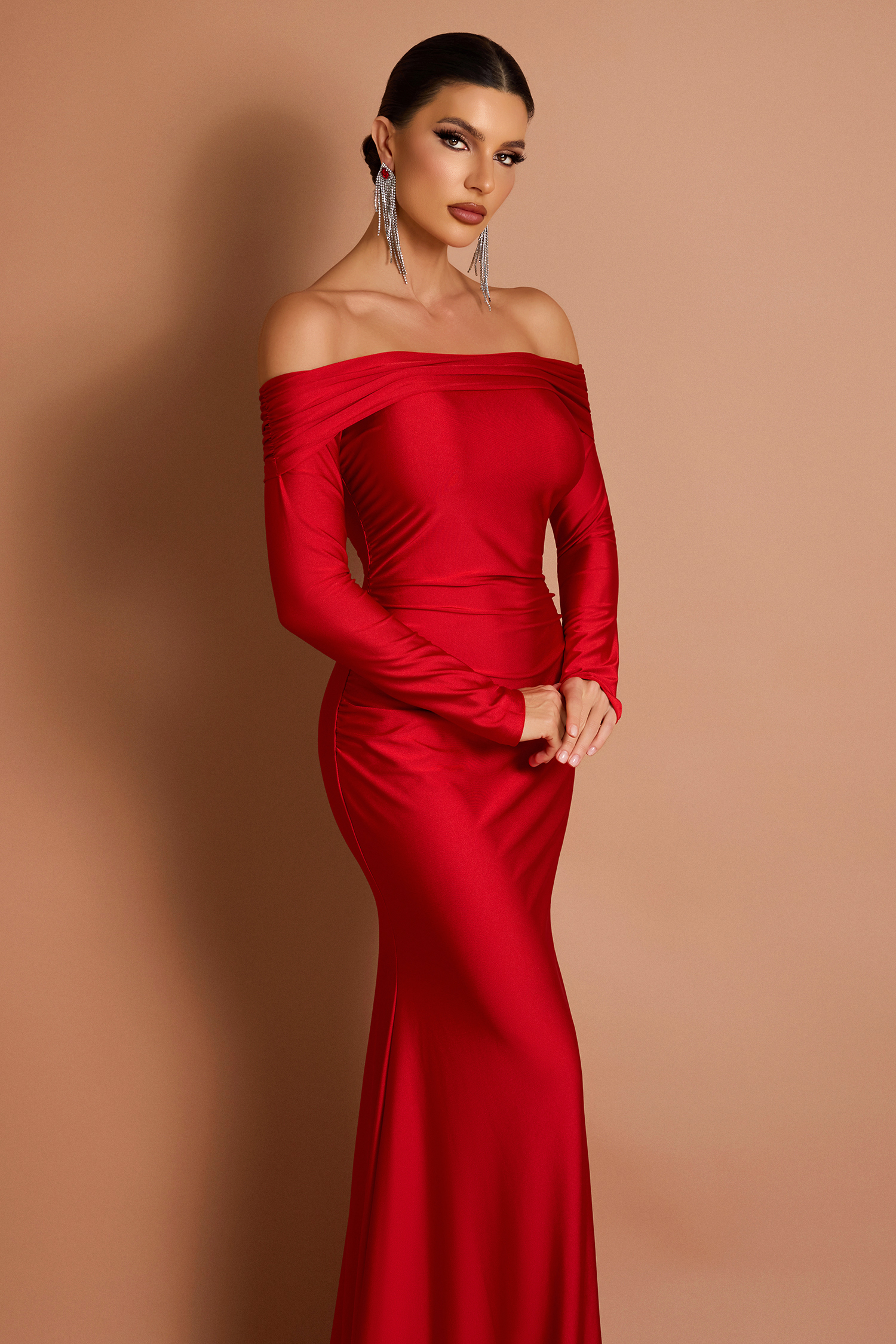 Satin Off-Shoulder Long Sleeve Maxi Dress