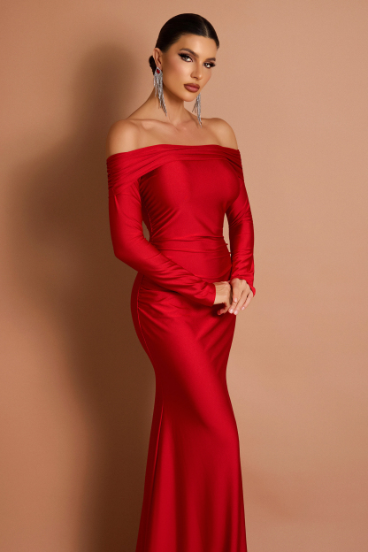 Satin Off-Shoulder Long Sleeve Maxi Dress