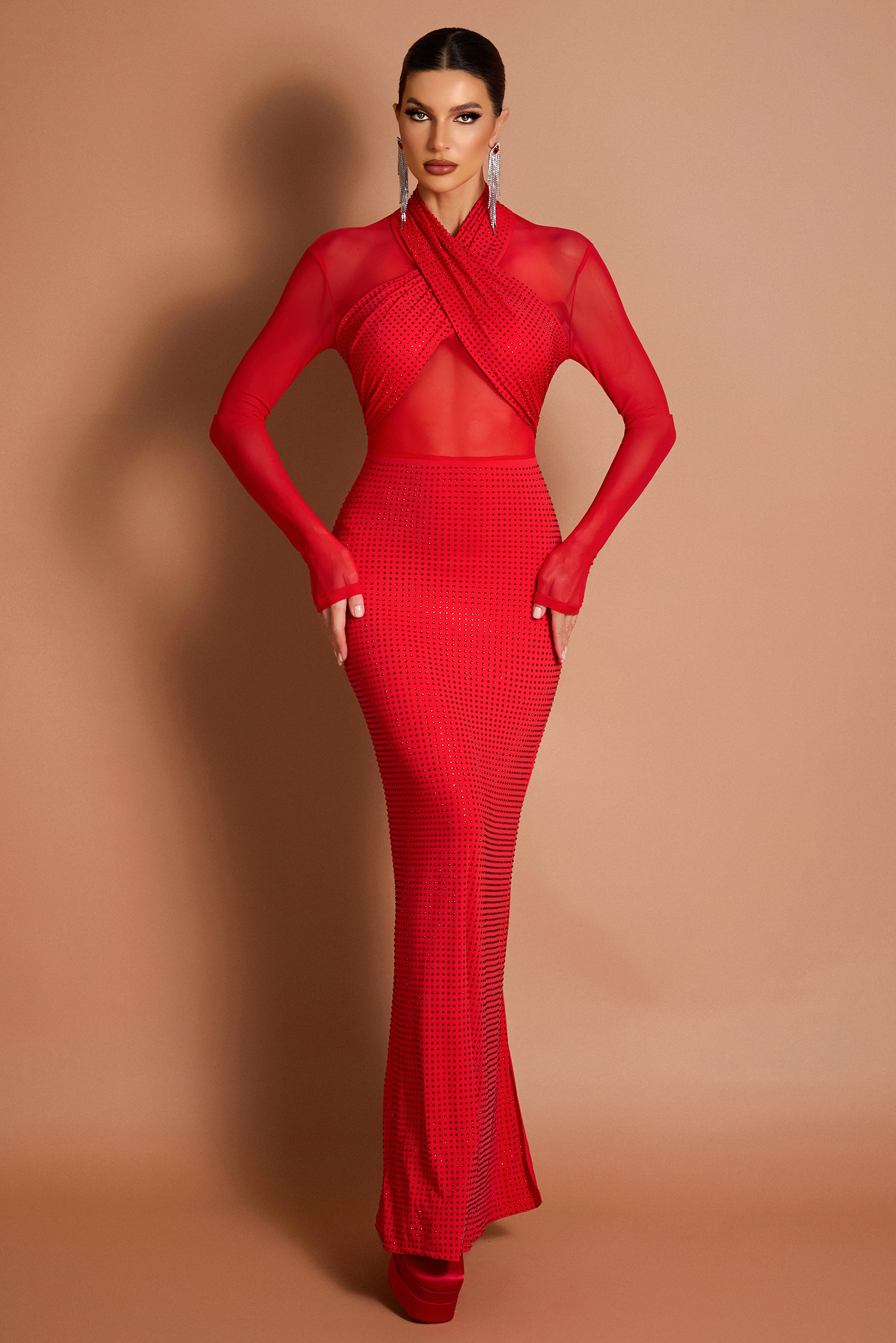 Rhinestone Mesh See-Through Midi Dress