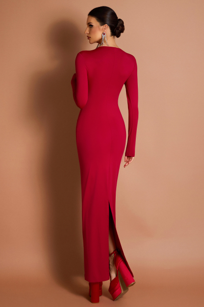 Rhinestone V-Neck Long Sleeve Midi Dress