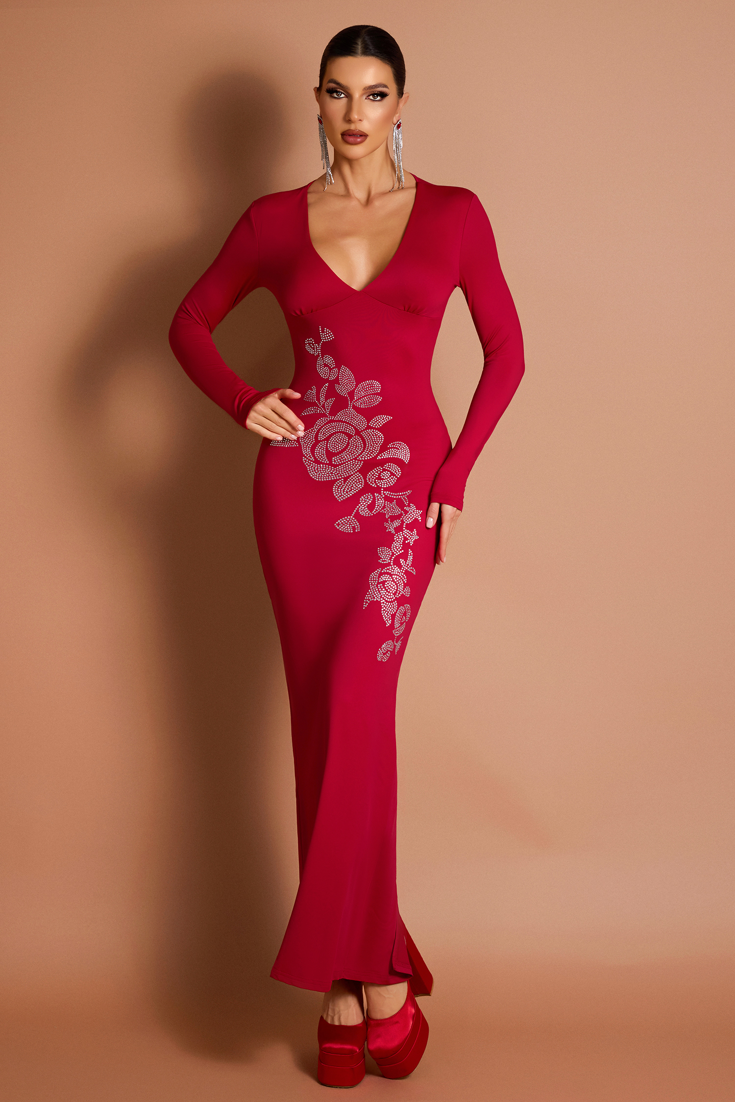Rhinestone V-Neck Long Sleeve Midi Dress