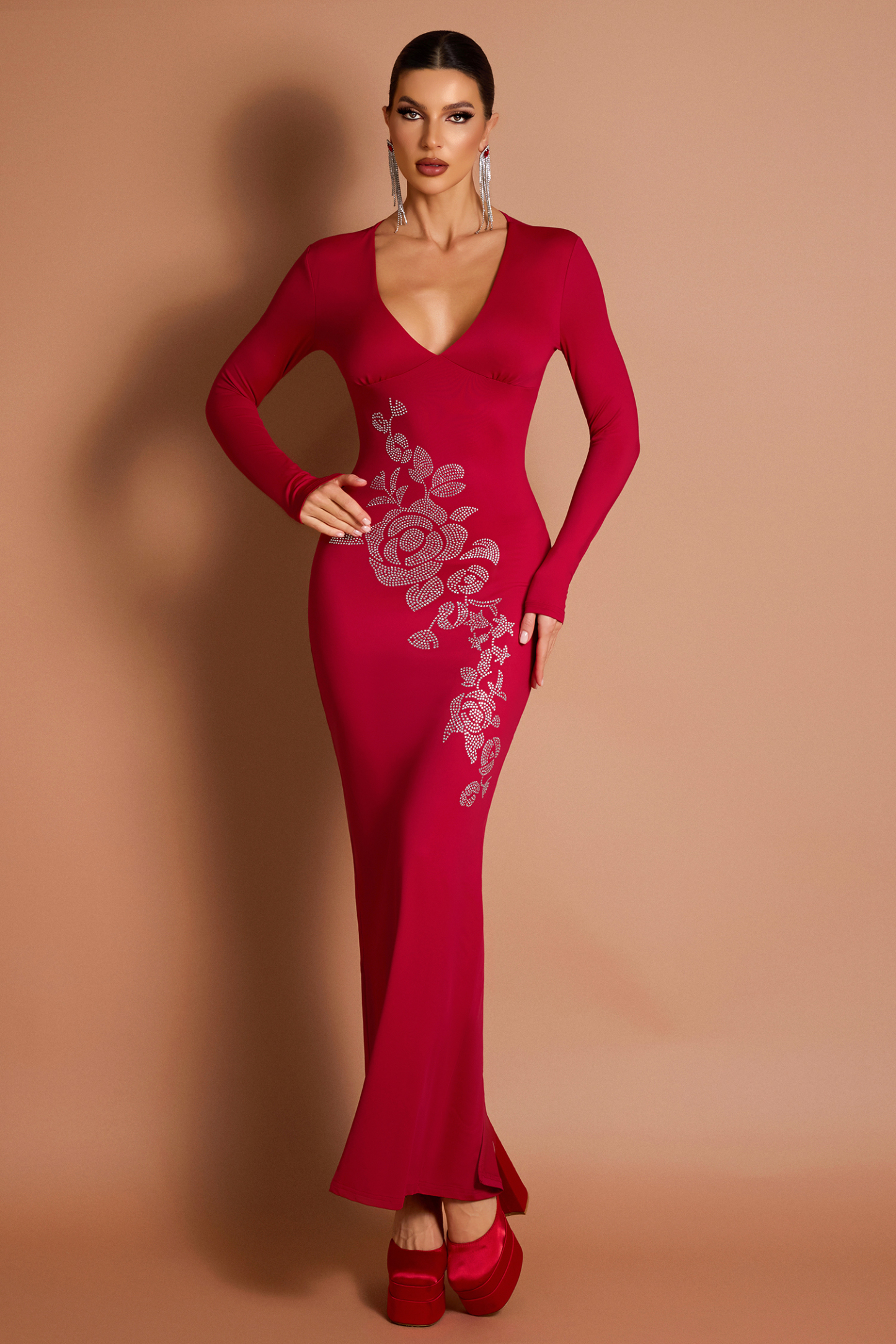 Rhinestone V-Neck Long Sleeve Midi Dress – Violet Aurora