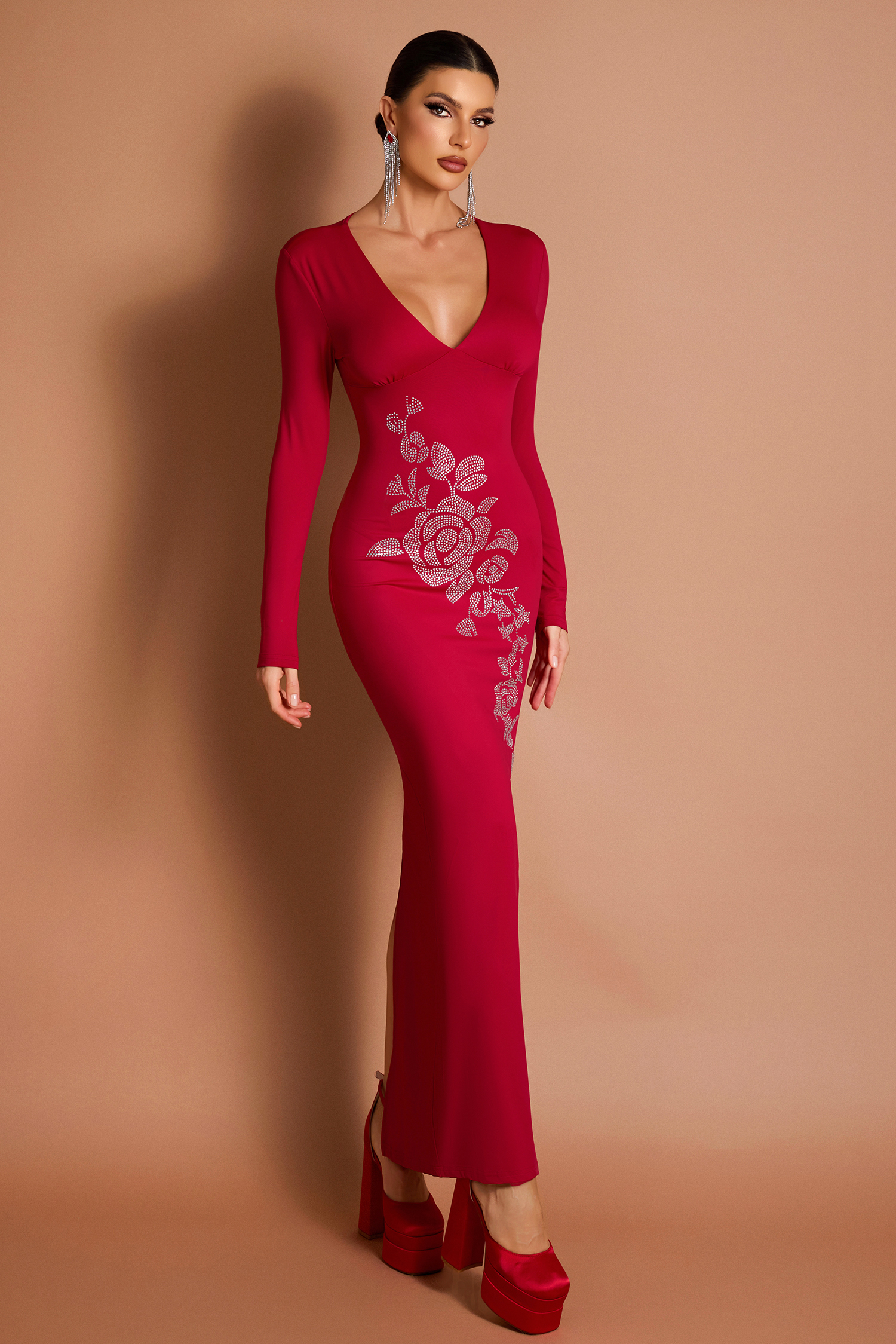 Rhinestone V-Neck Long Sleeve Midi Dress