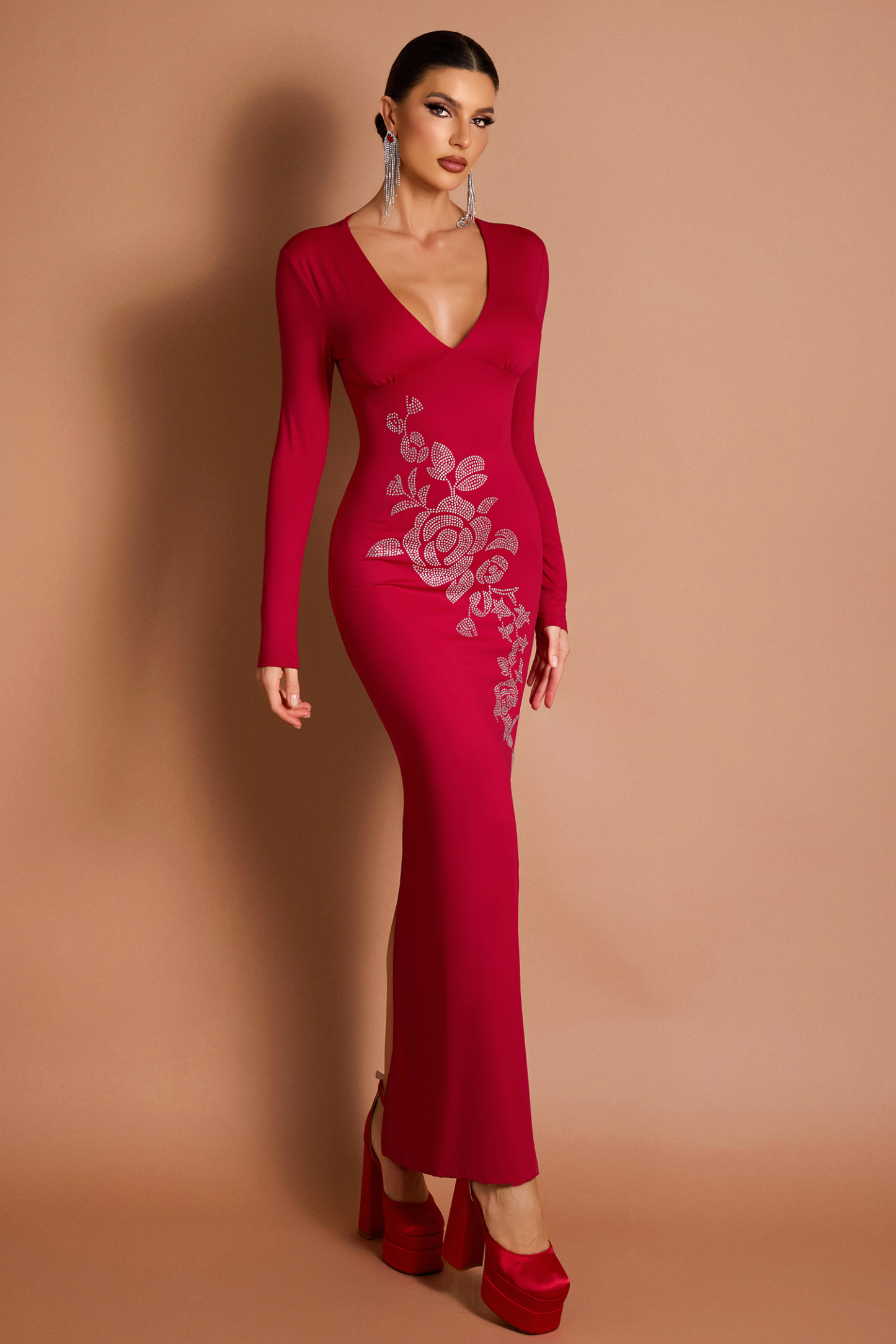 Rhinestone V-Neck Long Sleeve Midi Dress