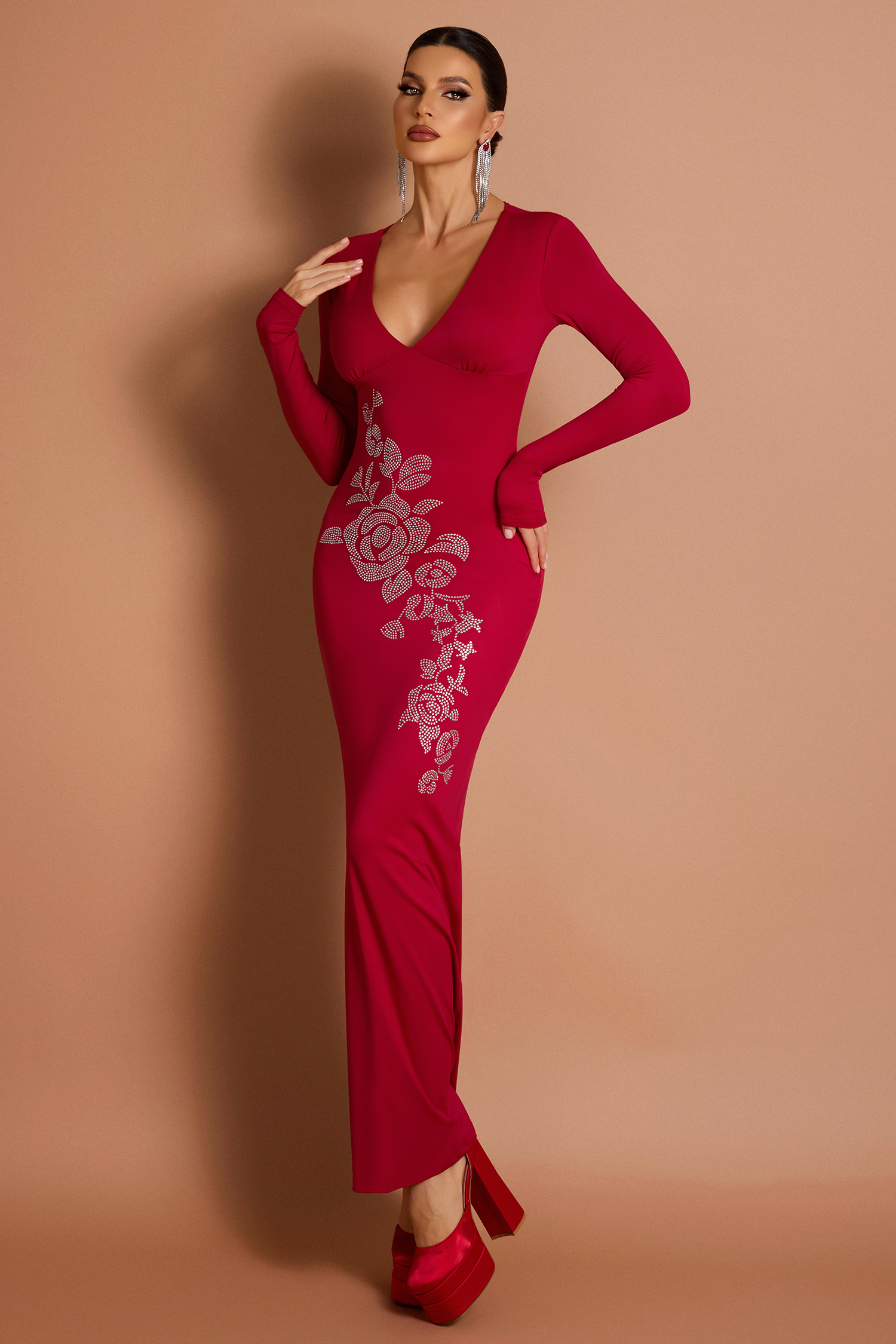 Rhinestone V-Neck Long Sleeve Midi Dress