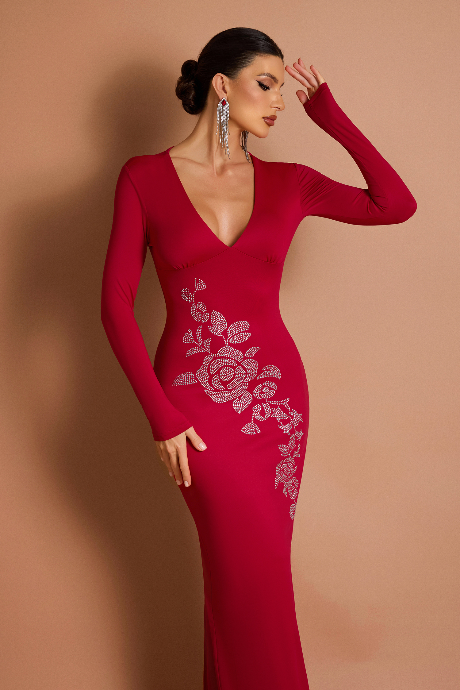 Rhinestone V-Neck Long Sleeve Midi Dress
