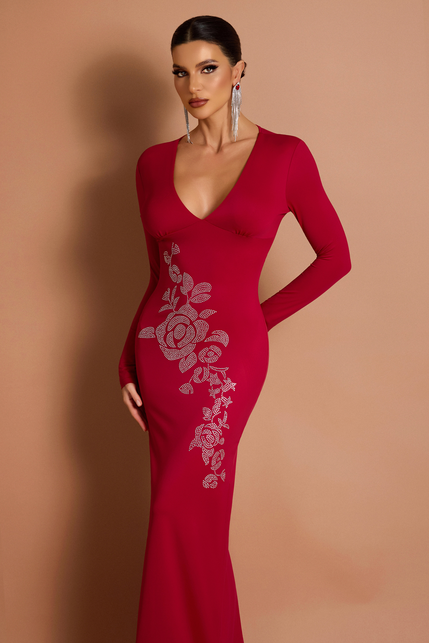 Rhinestone V-Neck Long Sleeve Midi Dress