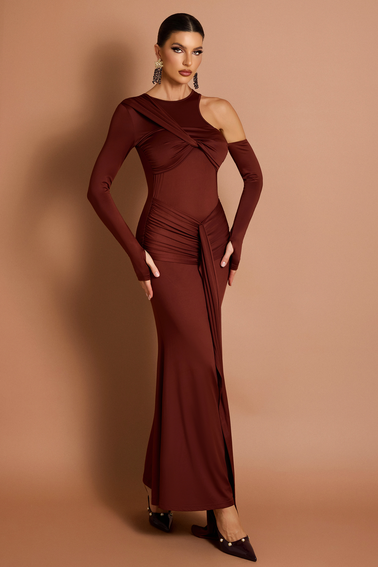 Solid Knotted Cut-Out Gathering Maxi Dress