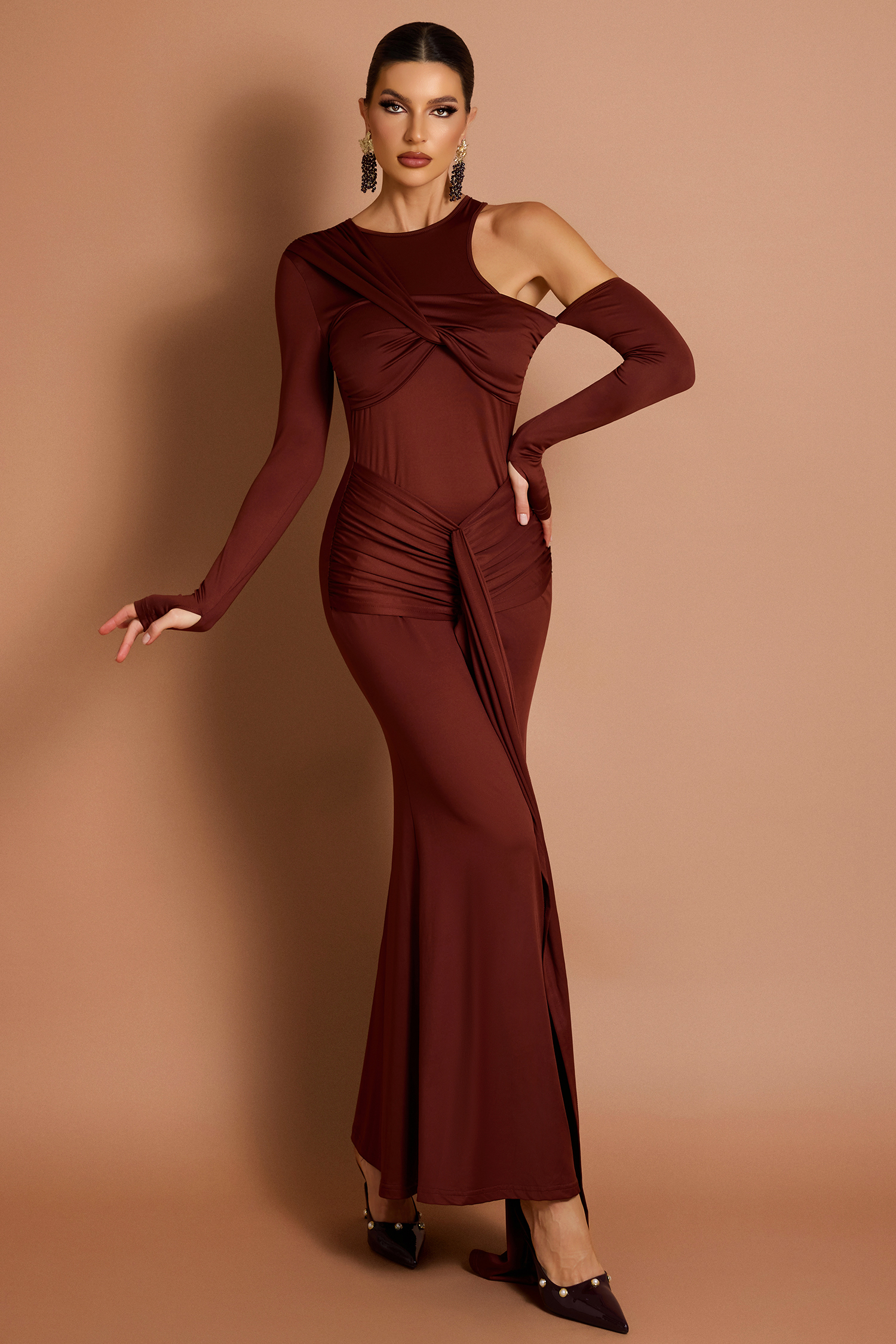 Solid Knotted Cut-Out Gathering Maxi Dress