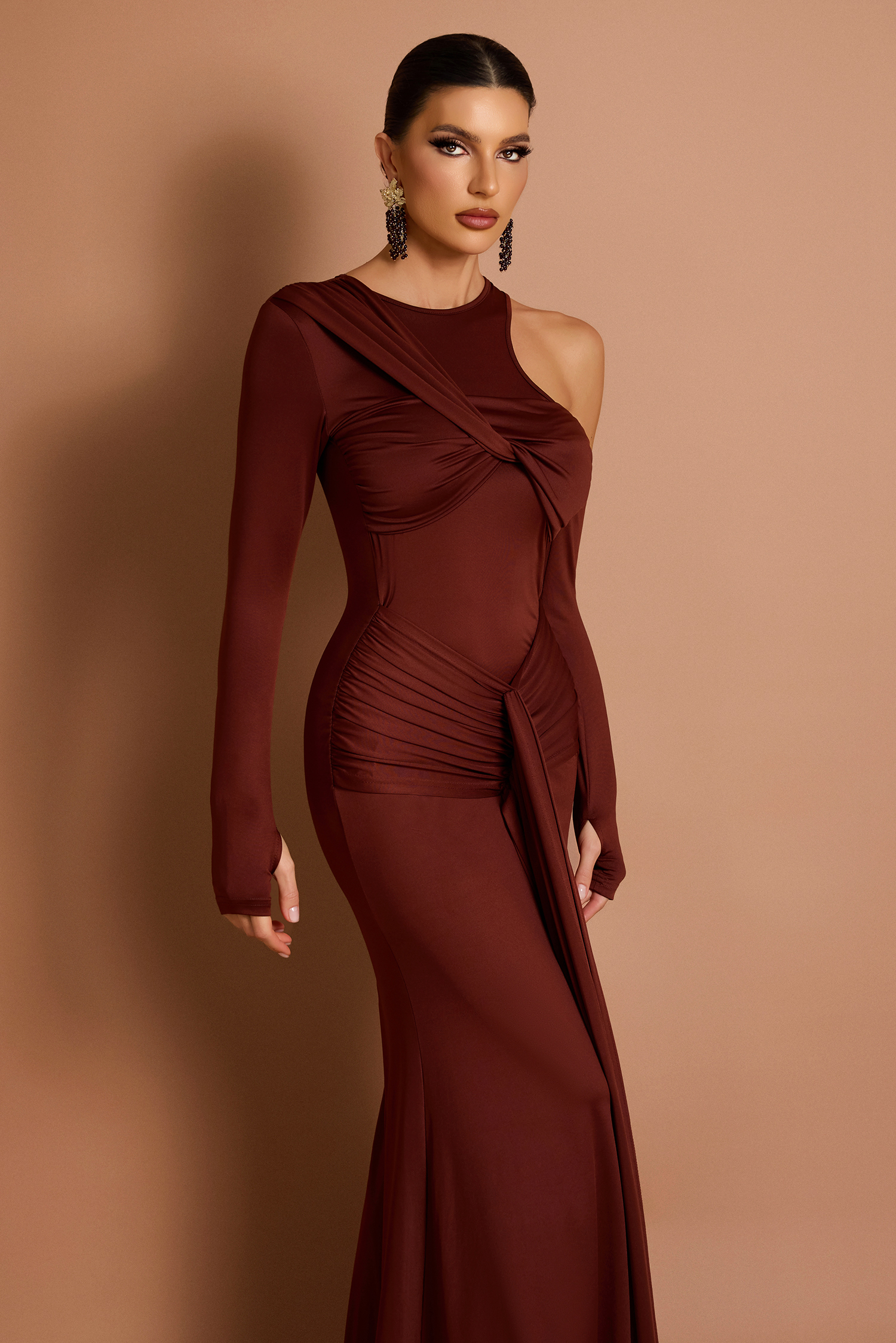 Solid Knotted Cut-Out Gathering Maxi Dress