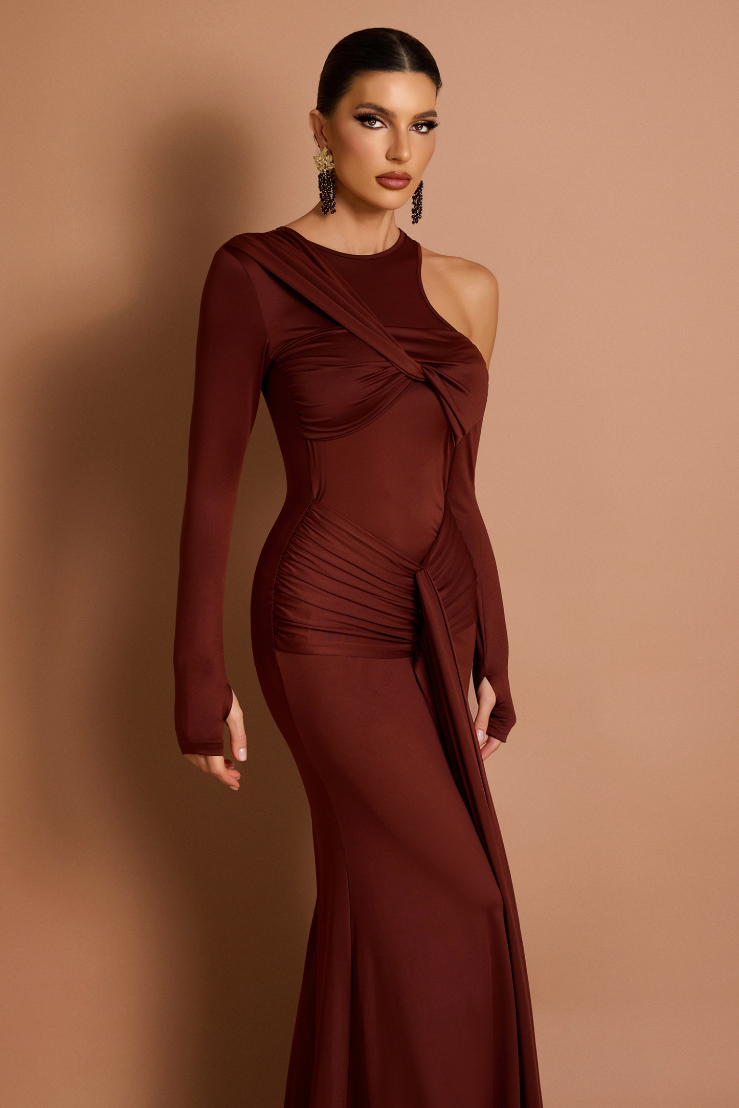 Solid Knotted Cut-Out Gathering Maxi Dress
