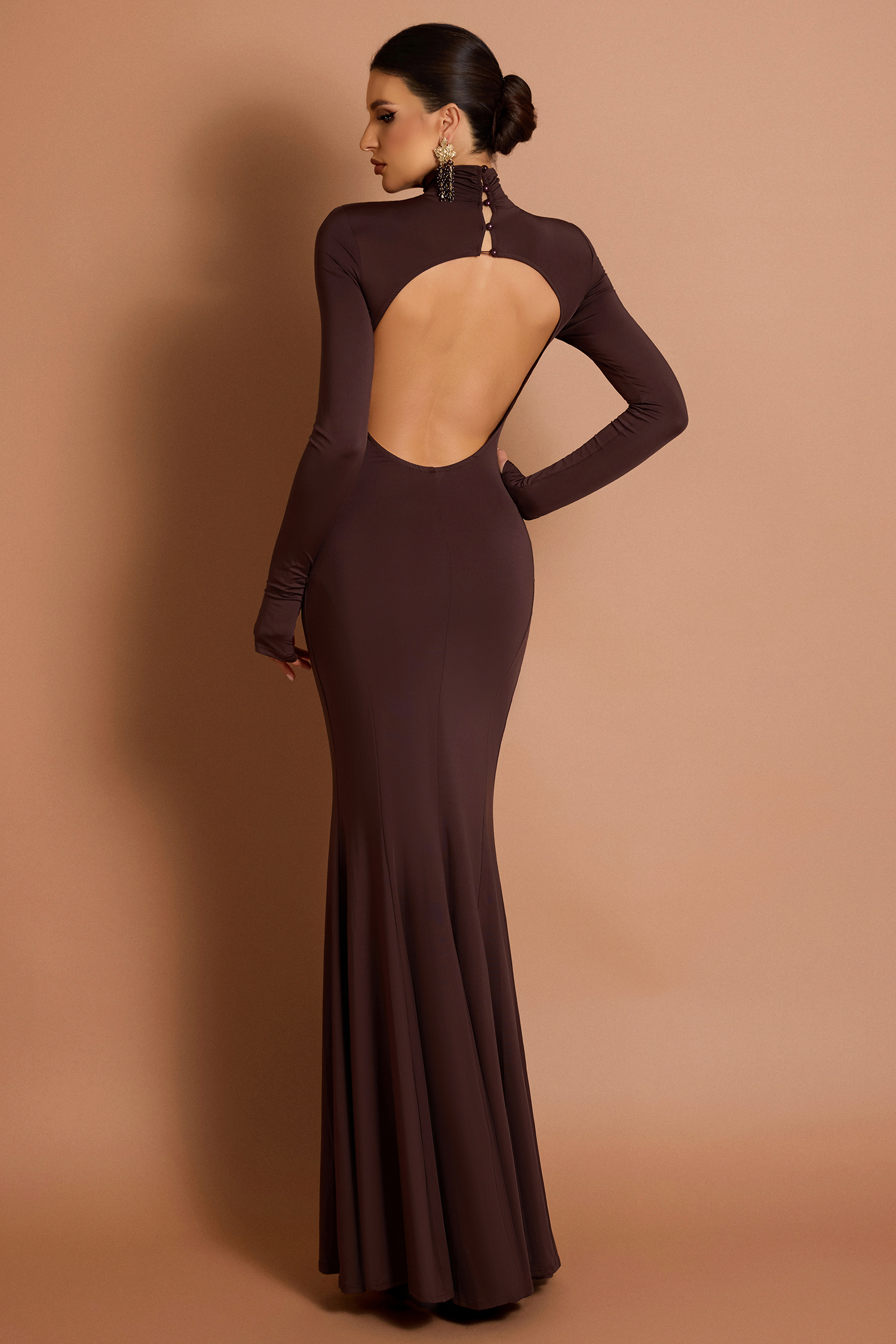 Solid Long Sleeve Backless Maxi Dress