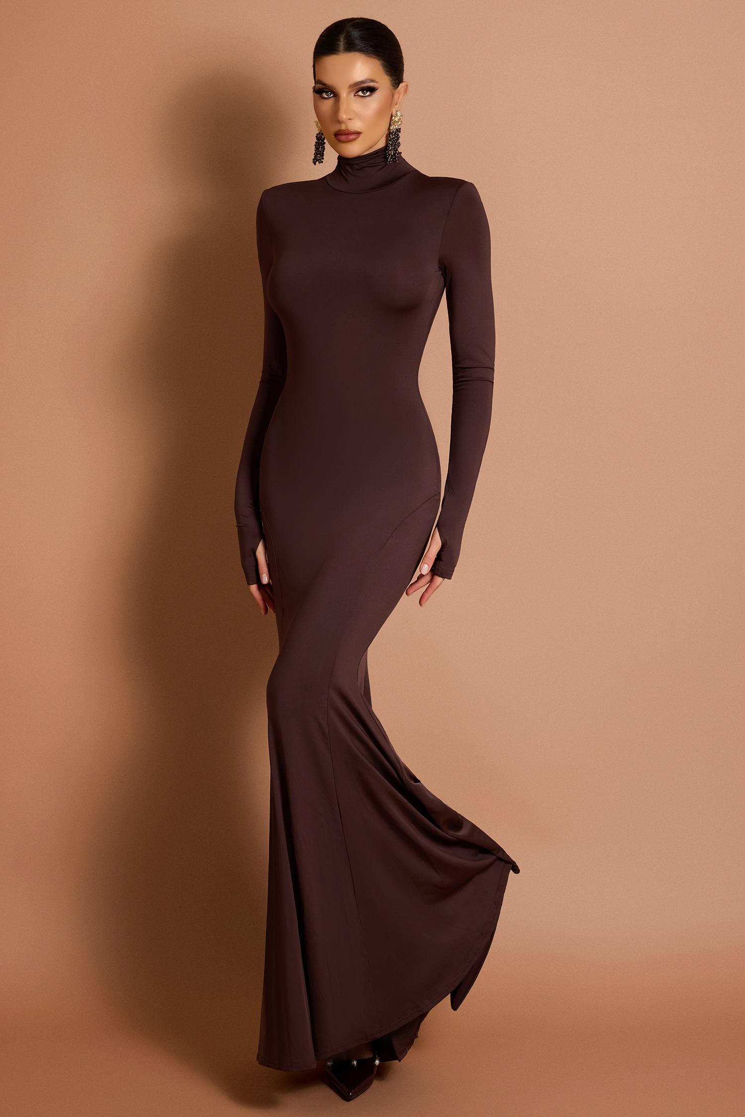 Solid Long Sleeve Backless Maxi Dress