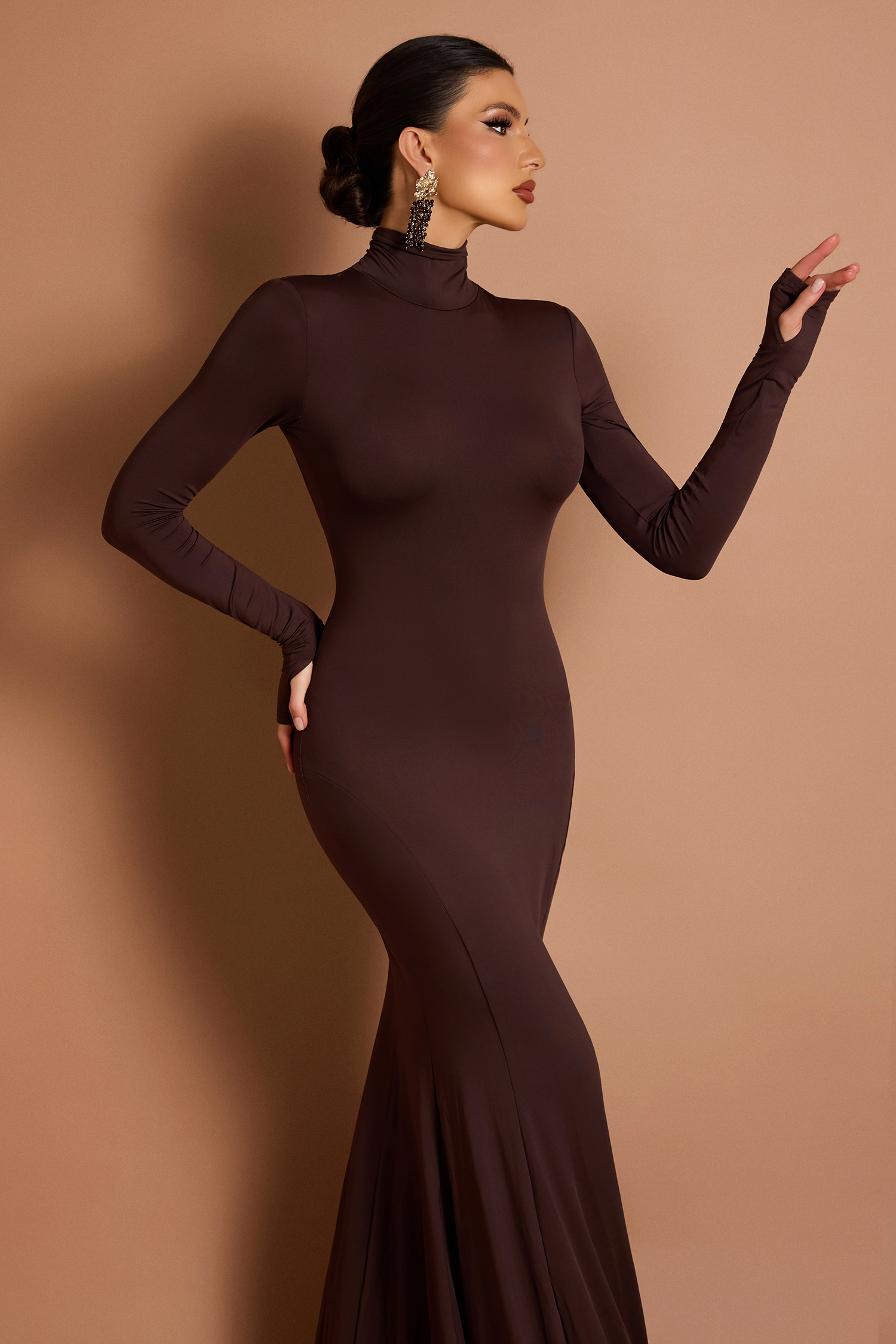 Solid Long Sleeve Backless Maxi Dress