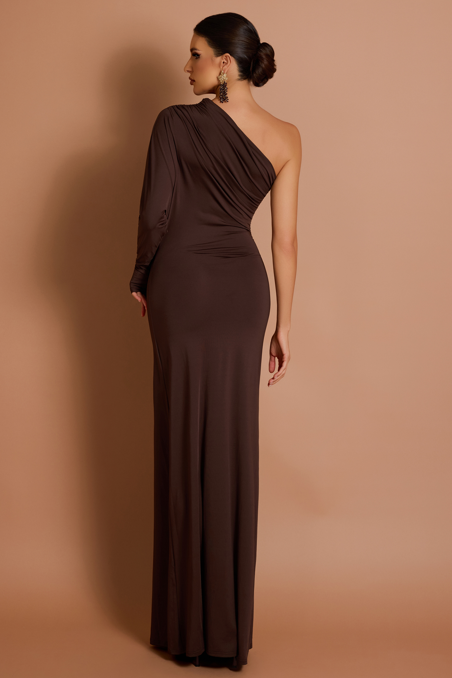 Solid One-Shoulder Batwing Sleeve Gathering Maxi Dress