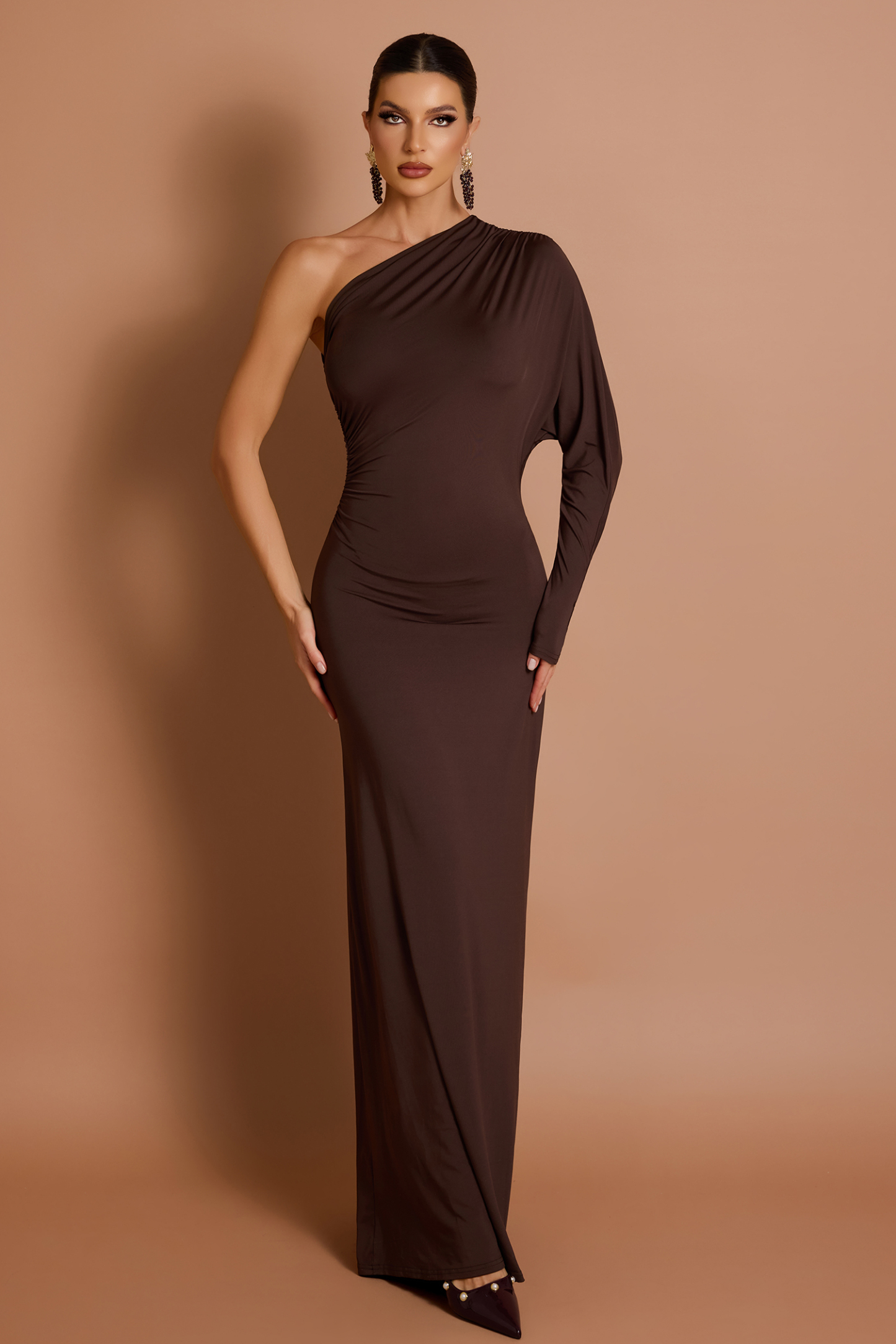 Solid One-Shoulder Batwing Sleeve Gathering Maxi Dress