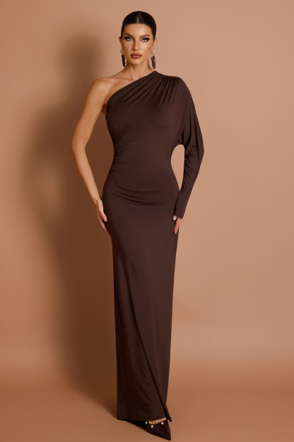 Solid One-Shoulder Batwing Sleeve Gathering Maxi Dress