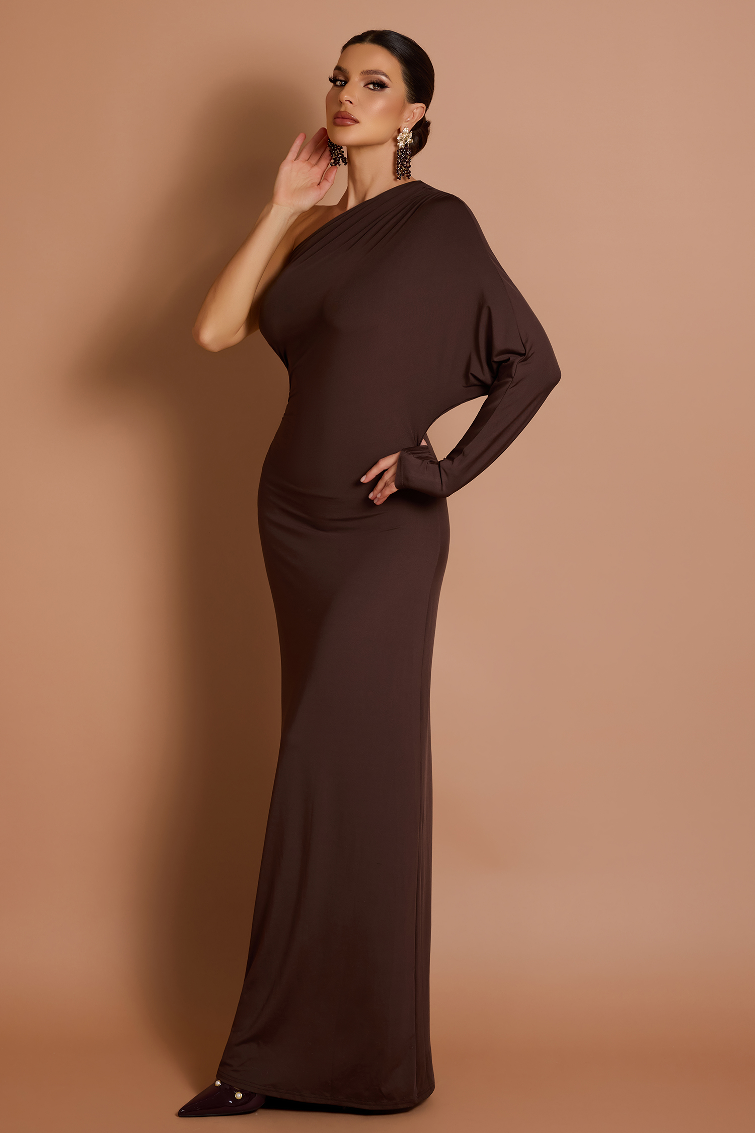 Solid One-Shoulder Batwing Sleeve Gathering Maxi Dress