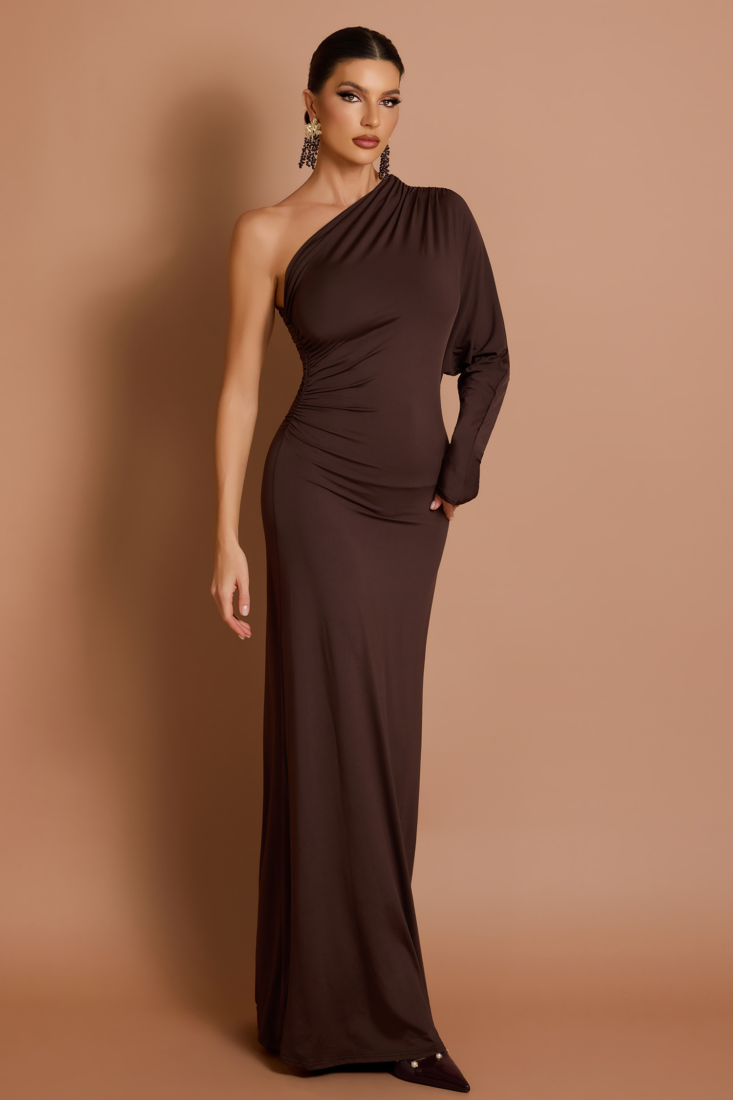 Solid One-Shoulder Batwing Sleeve Gathering Maxi Dress