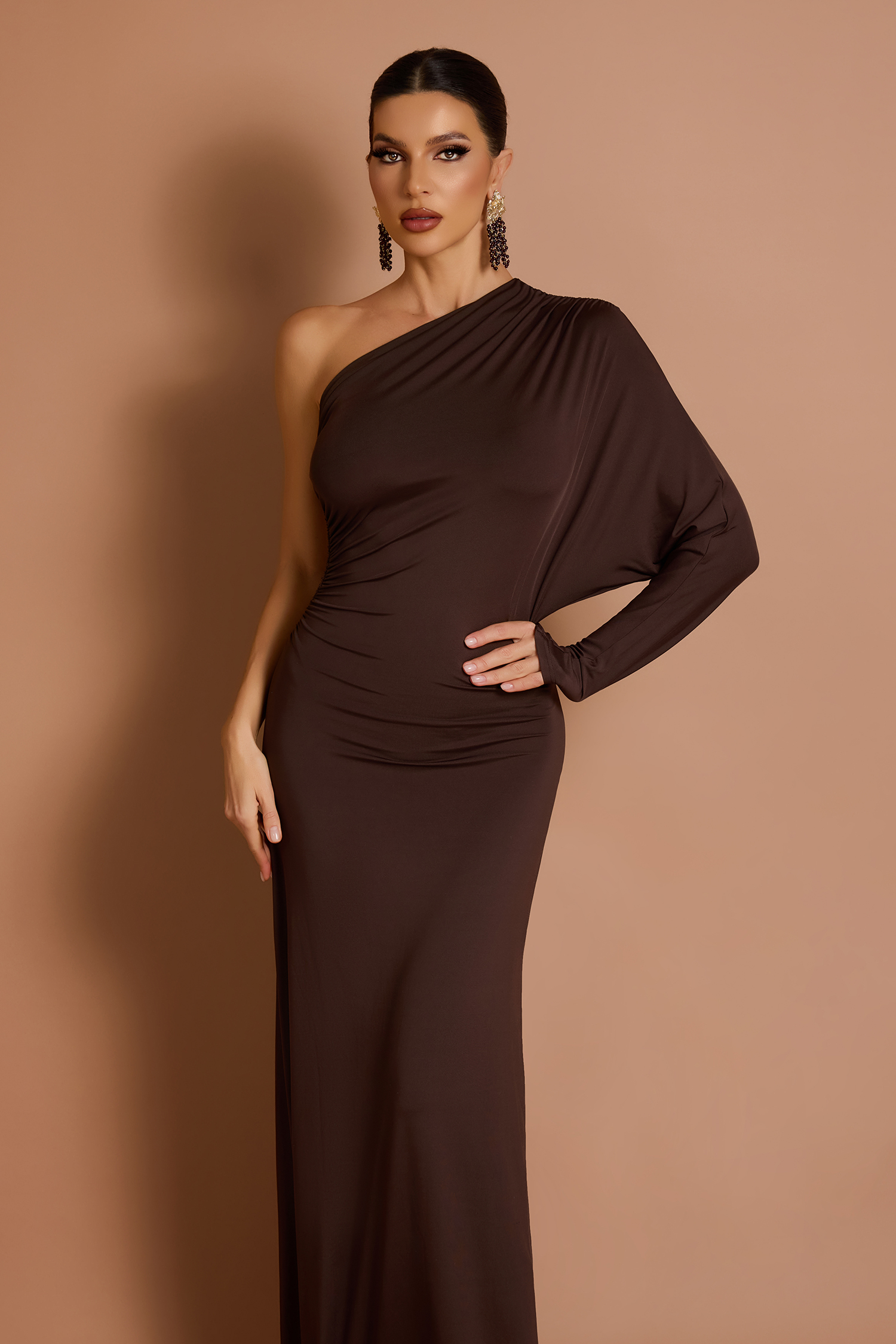 Solid One-Shoulder Batwing Sleeve Gathering Maxi Dress