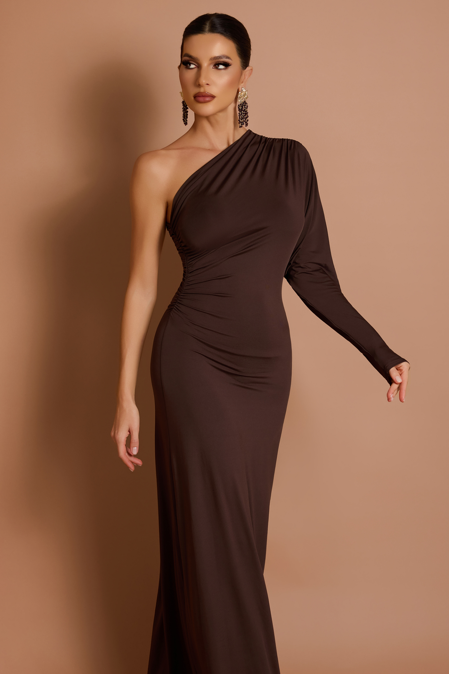 Solid One-Shoulder Batwing Sleeve Gathering Maxi Dress