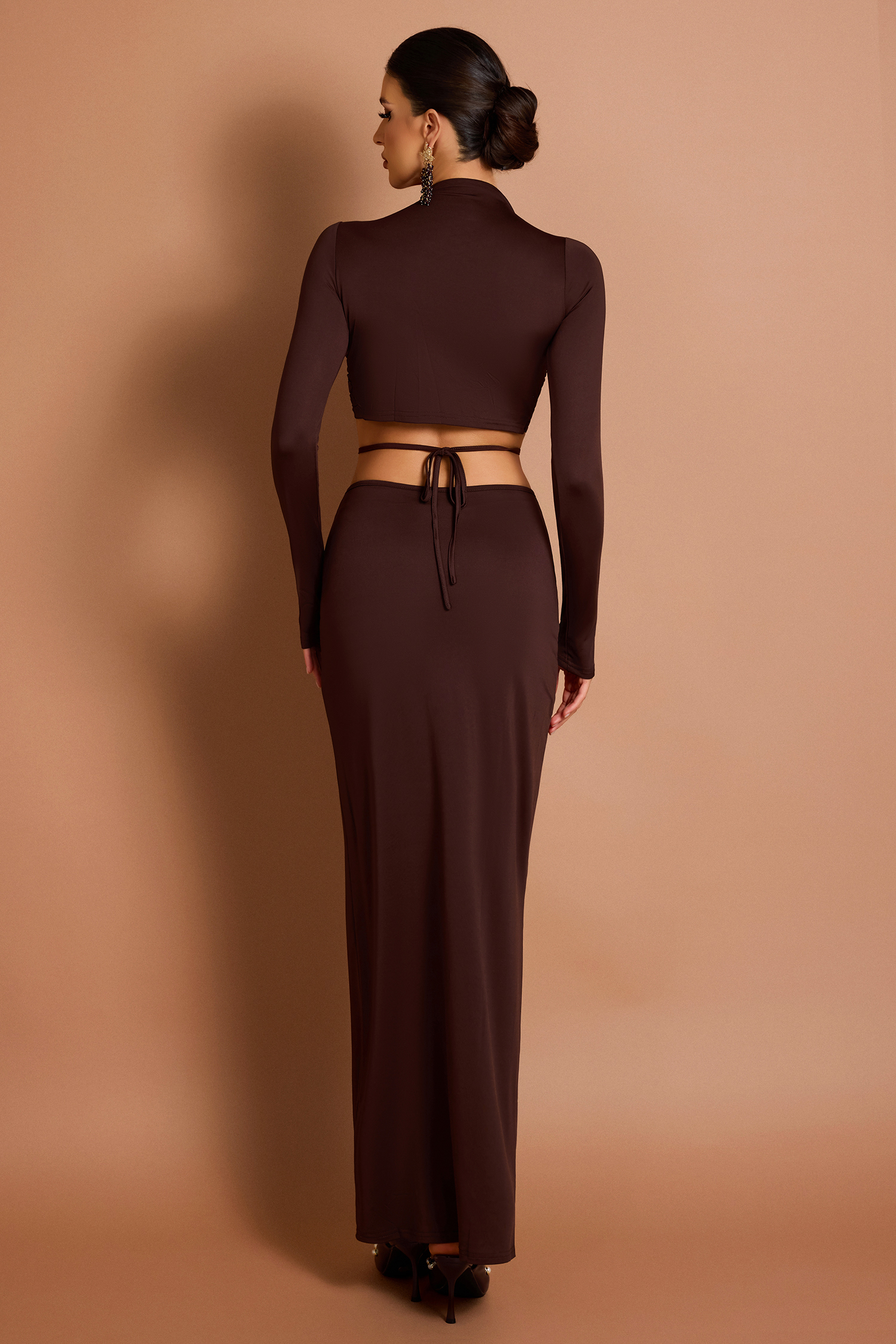 Solid Long Sleeve Top & Low Waist Tie-Up Maxi Skirt Set