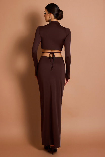 Solid Long Sleeve Top & Low Waist Tie-Up Maxi Skirt Set